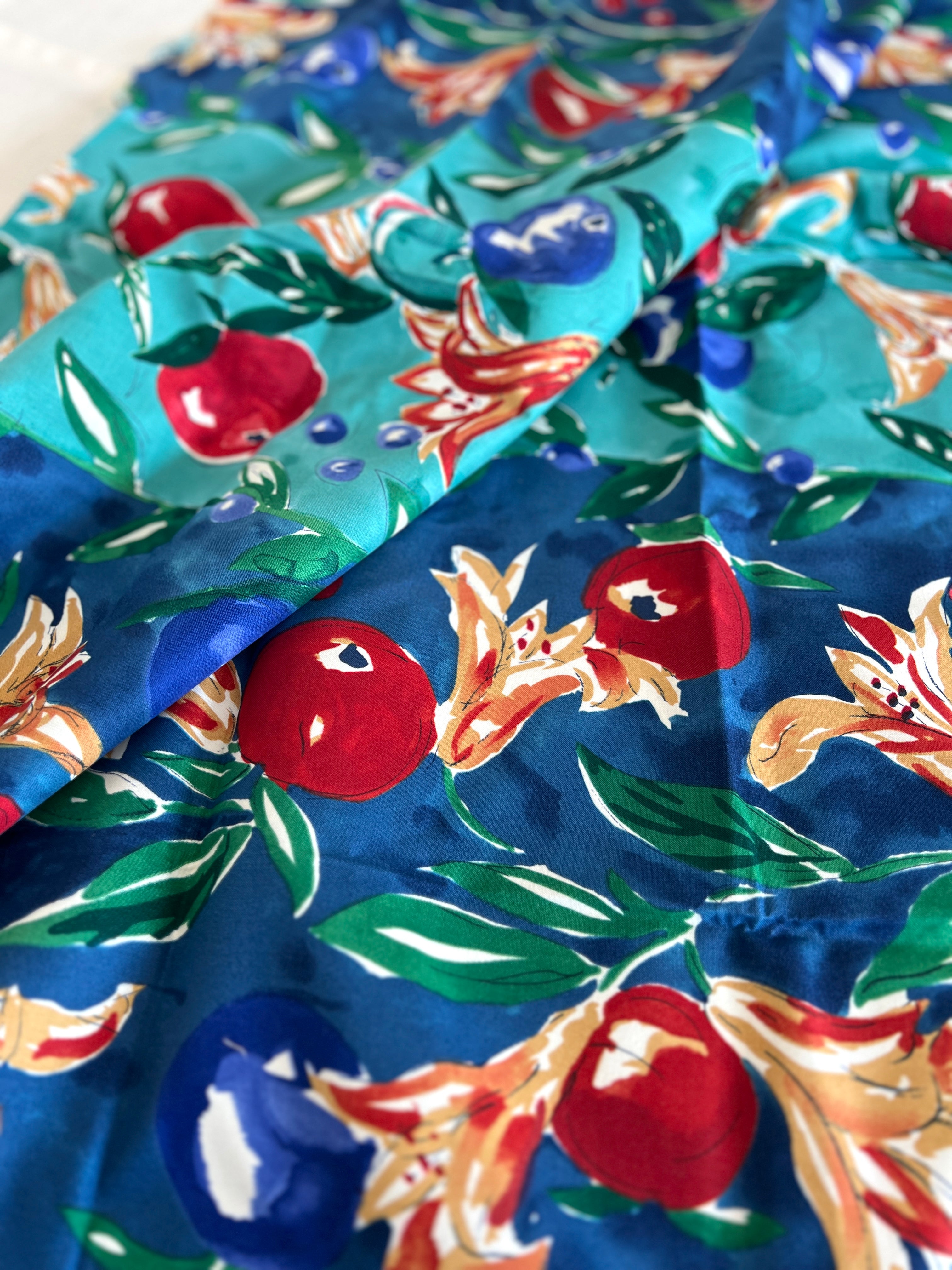 G.P. & J Baker Fabric - Floral Lilies Striped Apple Fruit Print - Designer Cotton - 130 x 75 cm
