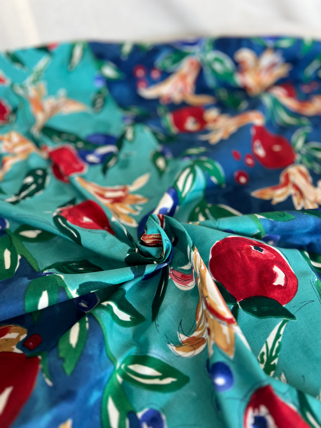 G.P. & J Baker Fabric - Floral Lilies Striped Apple Fruit Print - Designer Cotton - 130 x 75 cm