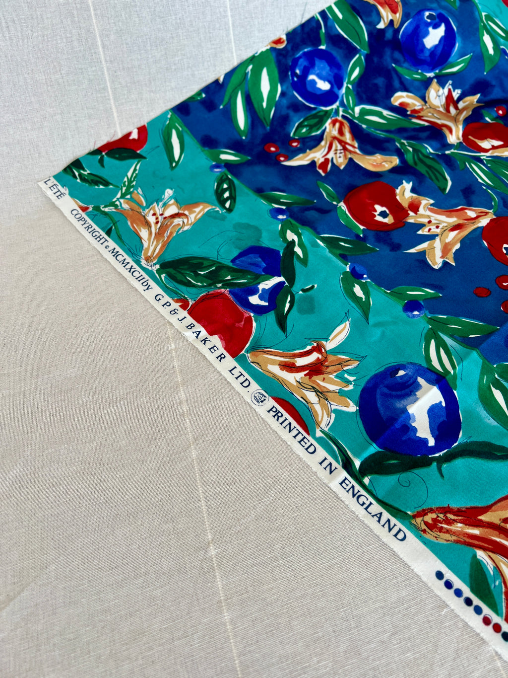 G.P. & J Baker Fabric - Floral Lilies Striped Apple Fruit Print - Designer Cotton - 130 x 75 cm