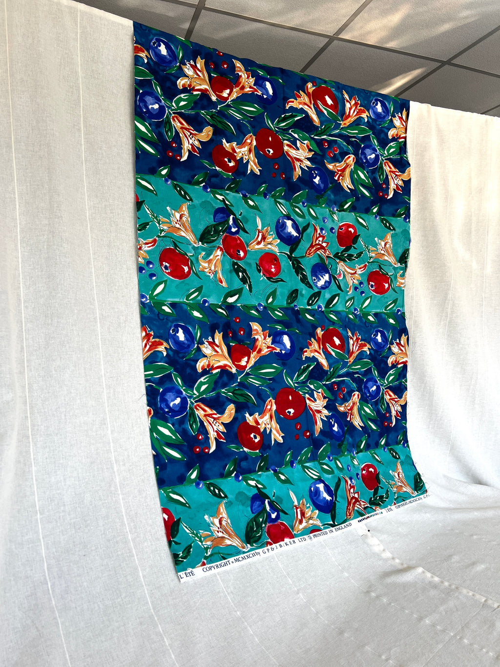 G.P. & J Baker Fabric - Floral Lilies Striped Apple Fruit Print - Designer Cotton - 130 x 75 cm