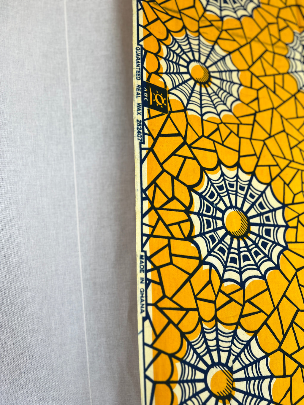 African Wax Block Printed Cotton - Yellow & Black Spider Web Print - 3.4m x 1.1m