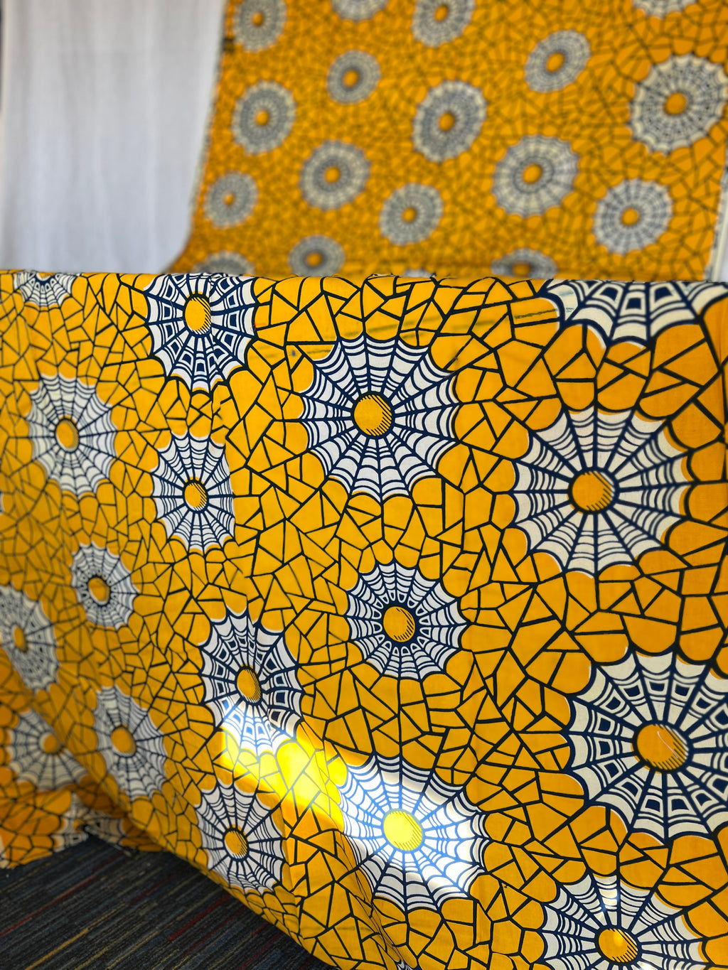 African Wax Block Printed Cotton - Yellow & Black Spider Web Print - 3.4m x 1.1m