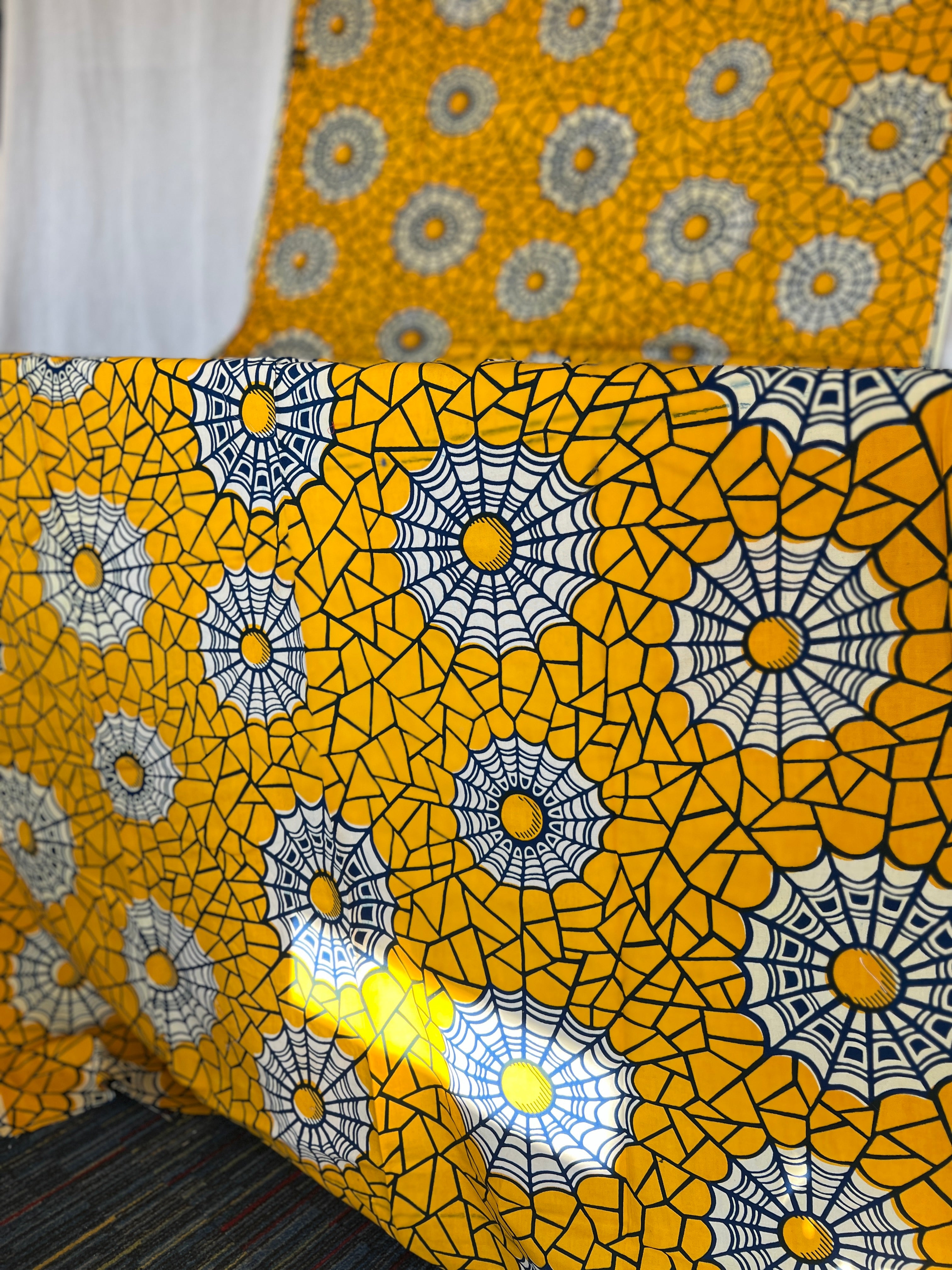 African Wax Block Printed Cotton - Yellow & Black Spider Web Print - 3.4m x 1.1m