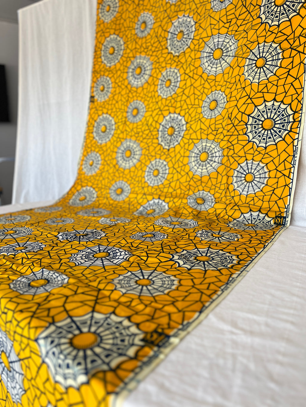 African Wax Block Printed Cotton - Yellow & Black Spider Web Print - 3.4m x 1.1m