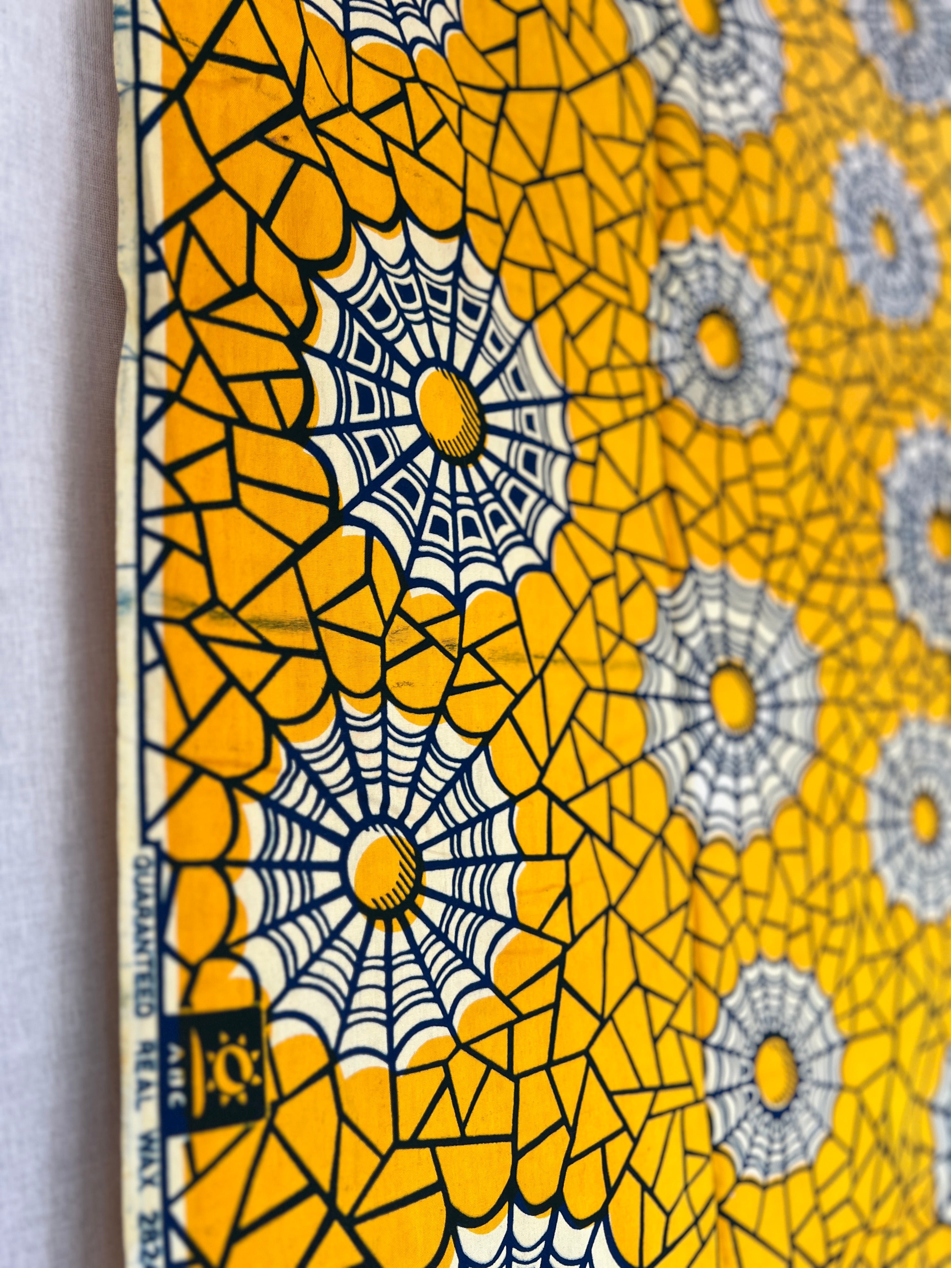 African Wax Block Printed Cotton - Yellow & Black Spider Web Print - 3.4m x 1.1m