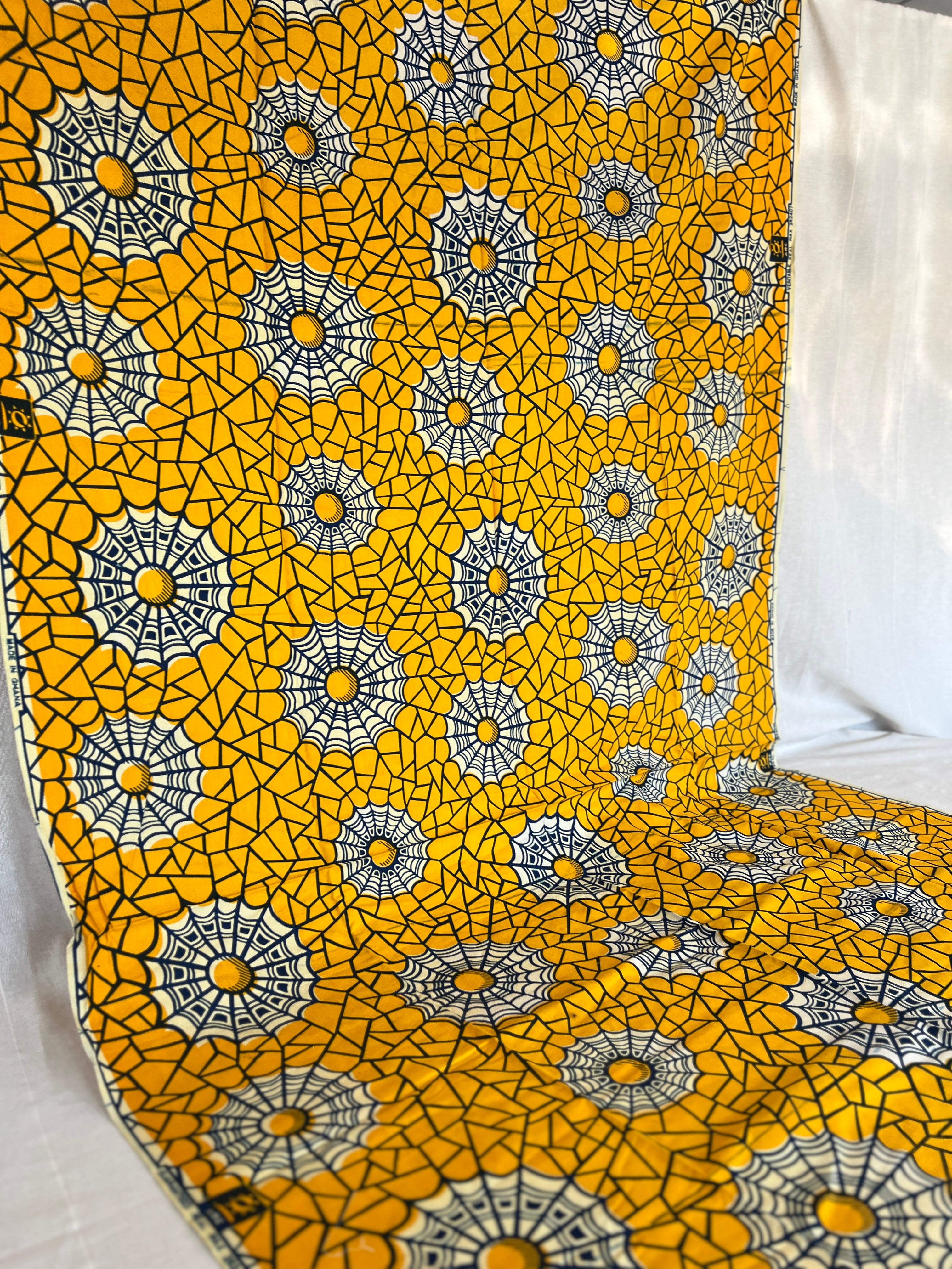 African Wax Block Printed Cotton - Yellow & Black Spider Web Print - 3.4m x 1.1m