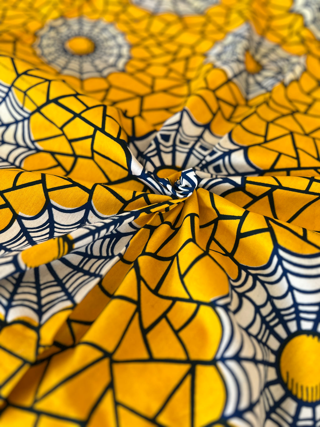 African Wax Block Printed Cotton - Yellow & Black Spider Web Print - 3.4m x 1.1m