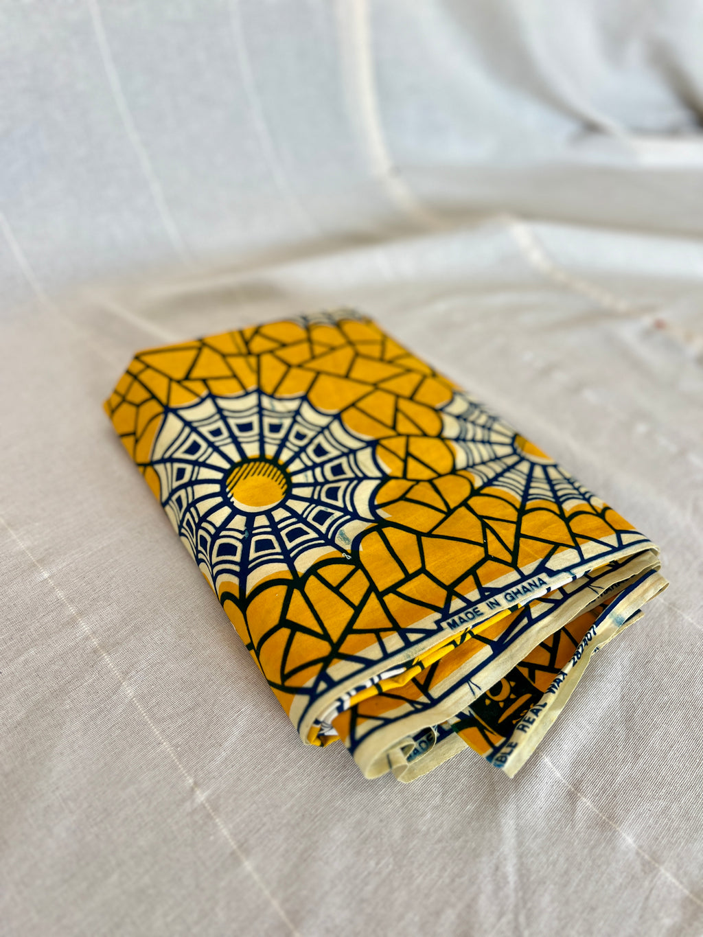 African Wax Block Printed Cotton - Yellow & Black Spider Web Print - 3.4m x 1.1m