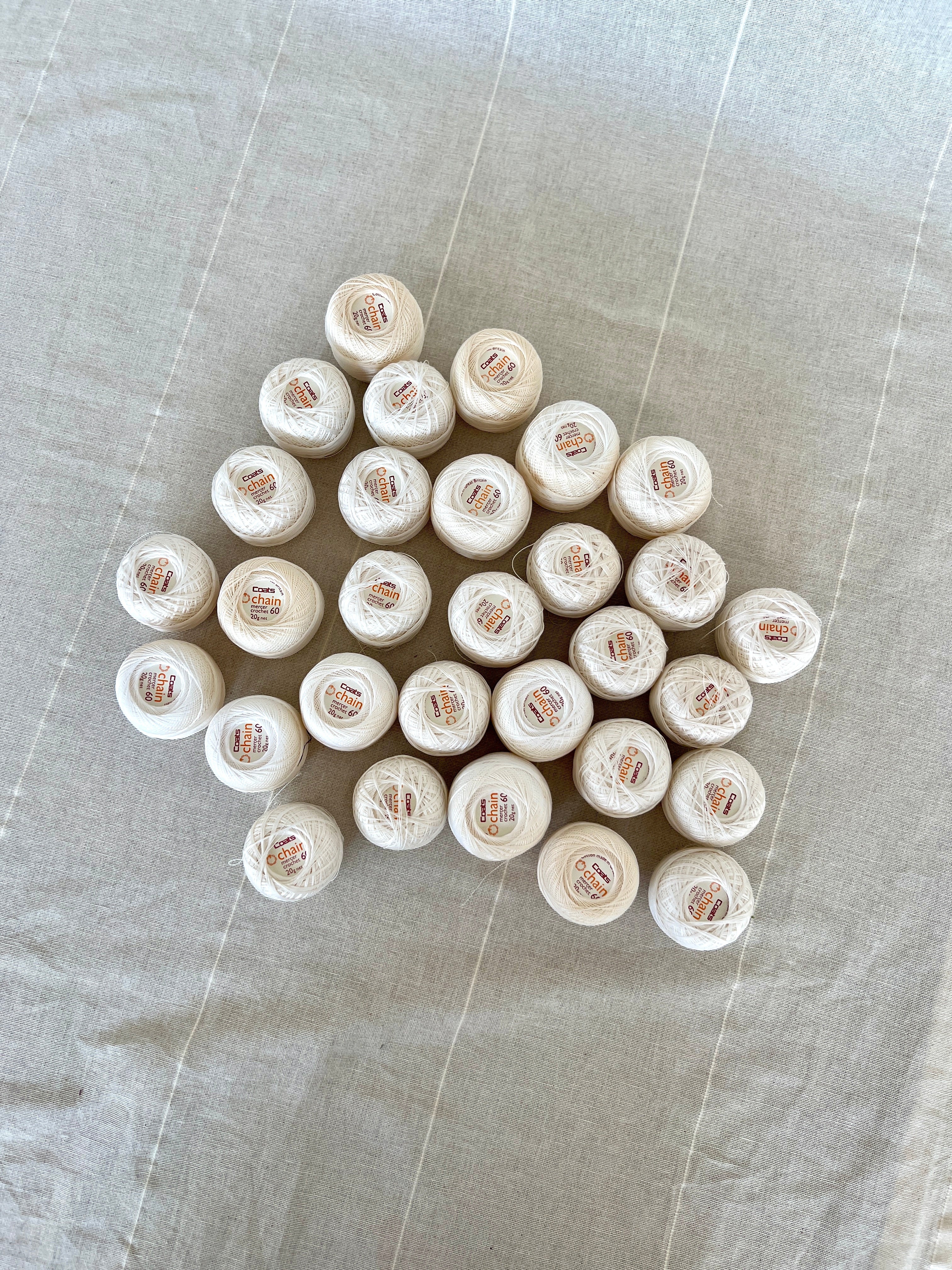 32 White & Ecru Coats Crochet Yarn Balls #60 - Embroidery & Lace-making Bundle