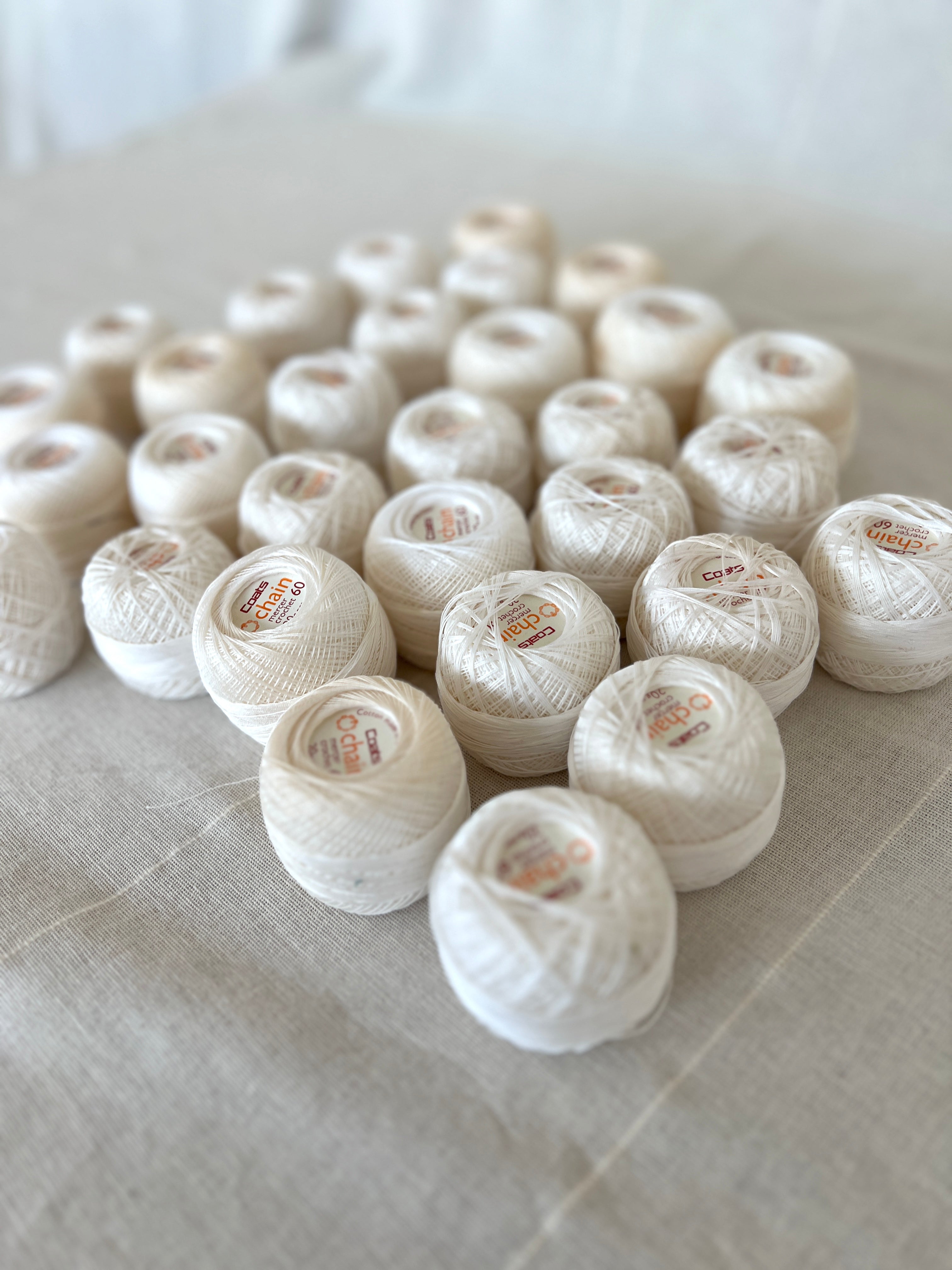 32 White & Ecru Coats Crochet Yarn Balls #60 - Embroidery & Lace-making Bundle