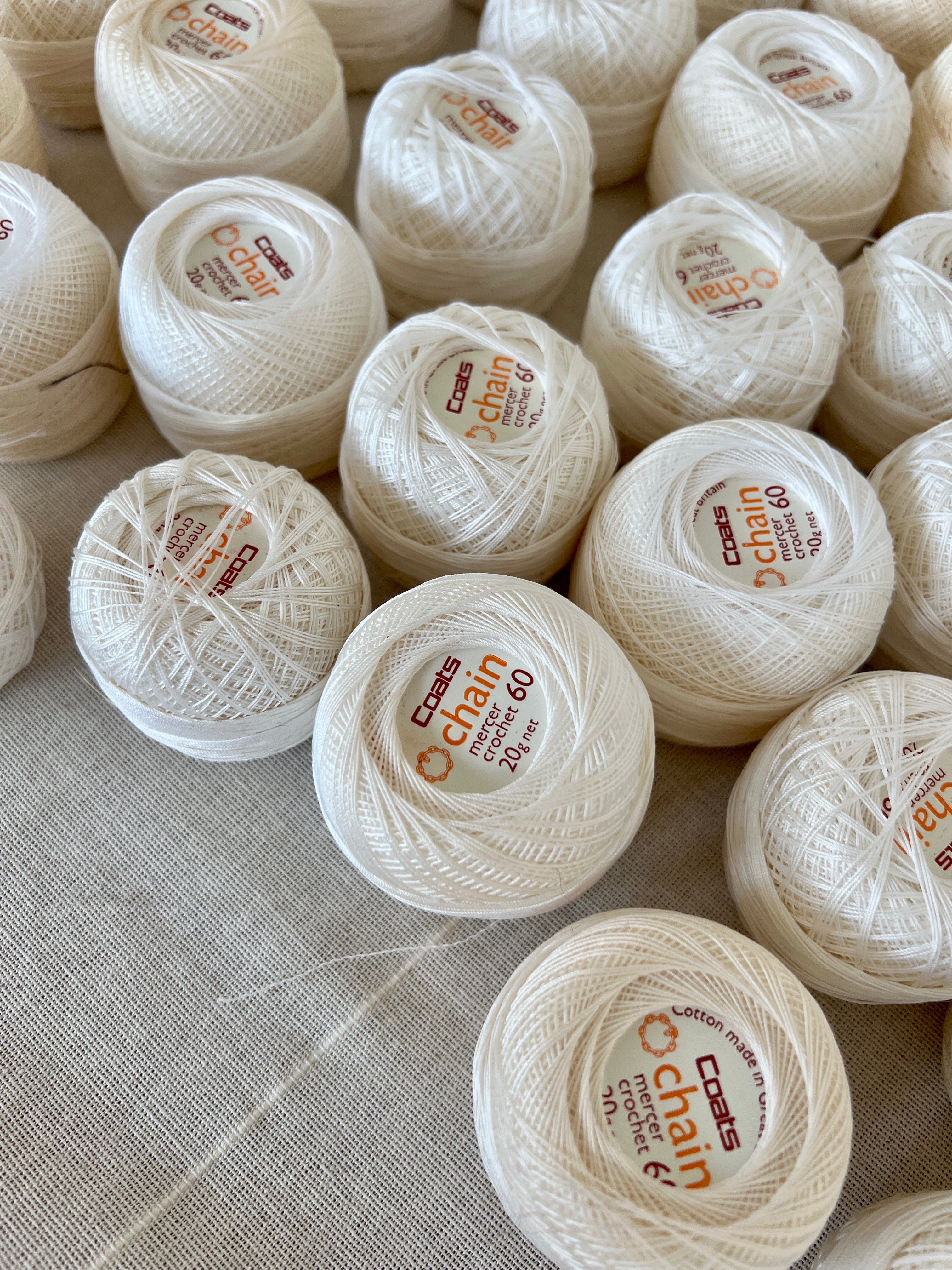 32 White & Ecru Coats Crochet Yarn Balls #60 - Embroidery & Lace-making Bundle