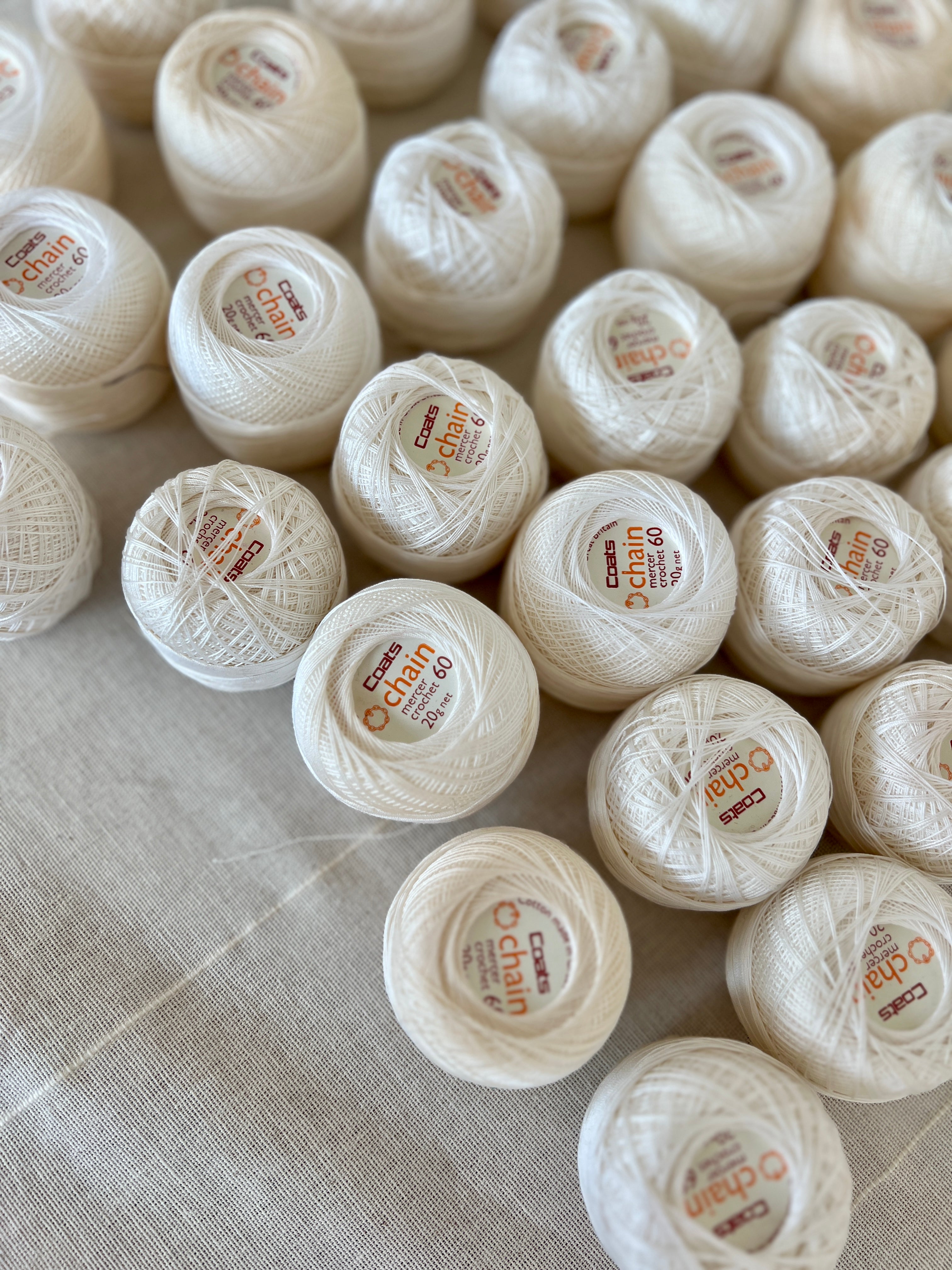 32 White & Ecru Coats Crochet Yarn Balls #60 - Embroidery & Lace-making Bundle