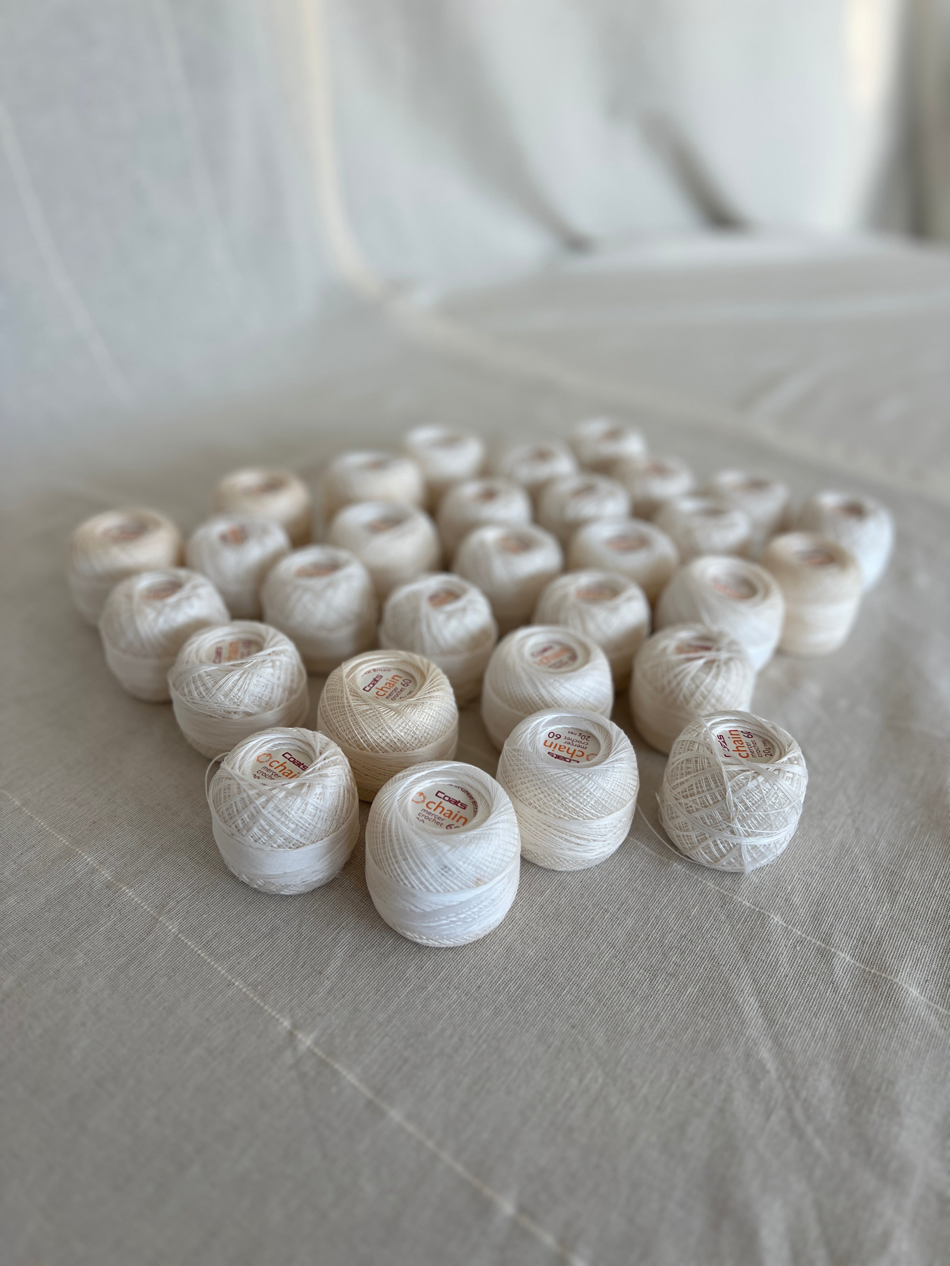 32 White & Ecru Coats Crochet Yarn Balls #60 - Embroidery & Lace-making Bundle