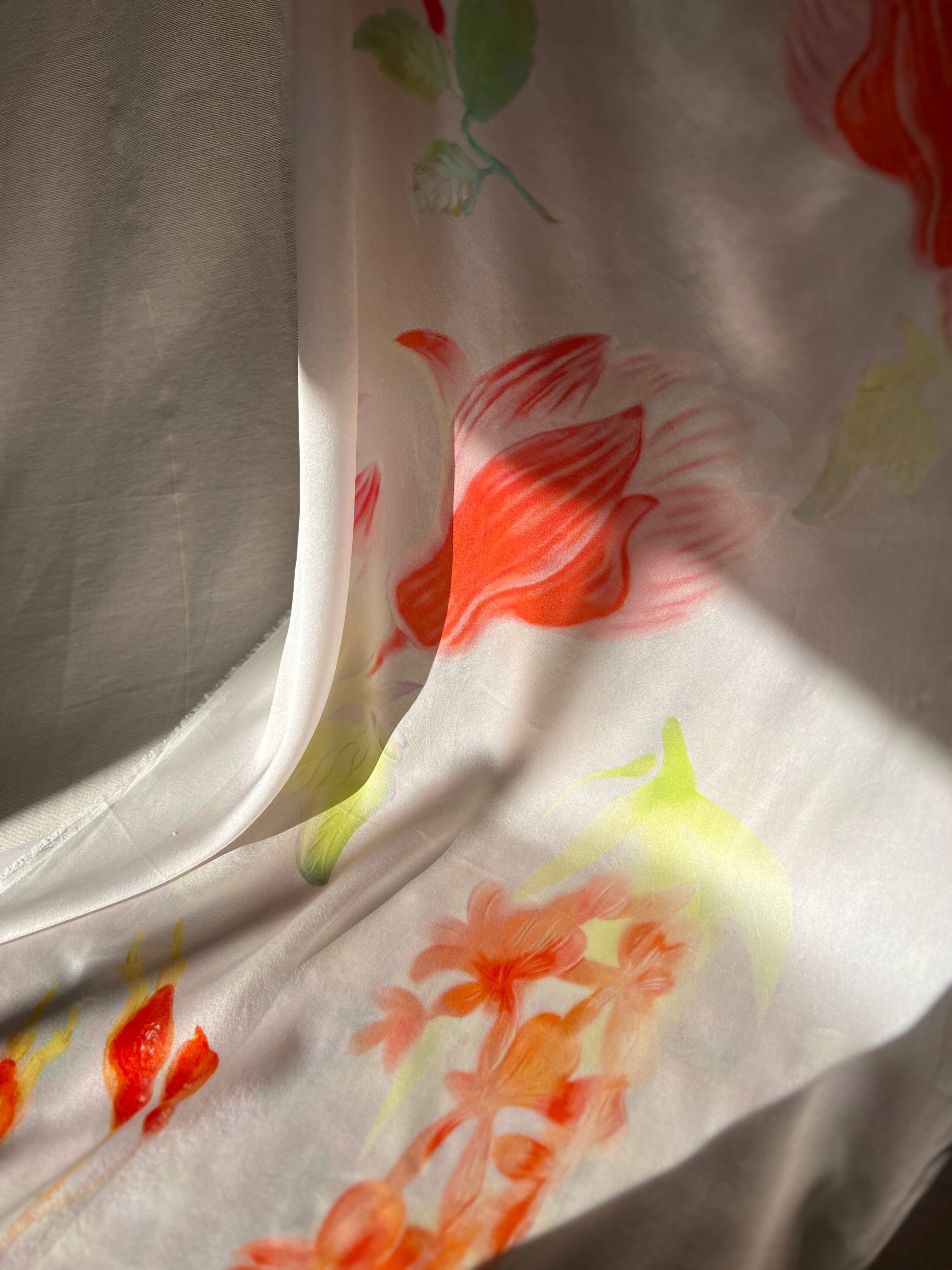 100% Silk Designer Panel - White & Pink Tulips Print - Floral Patterned Fabric Piece