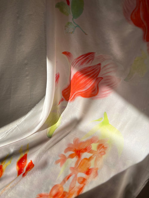 100% Silk Designer Panel - White & Pink Tulips Print - Floral Patterned Fabric Piece