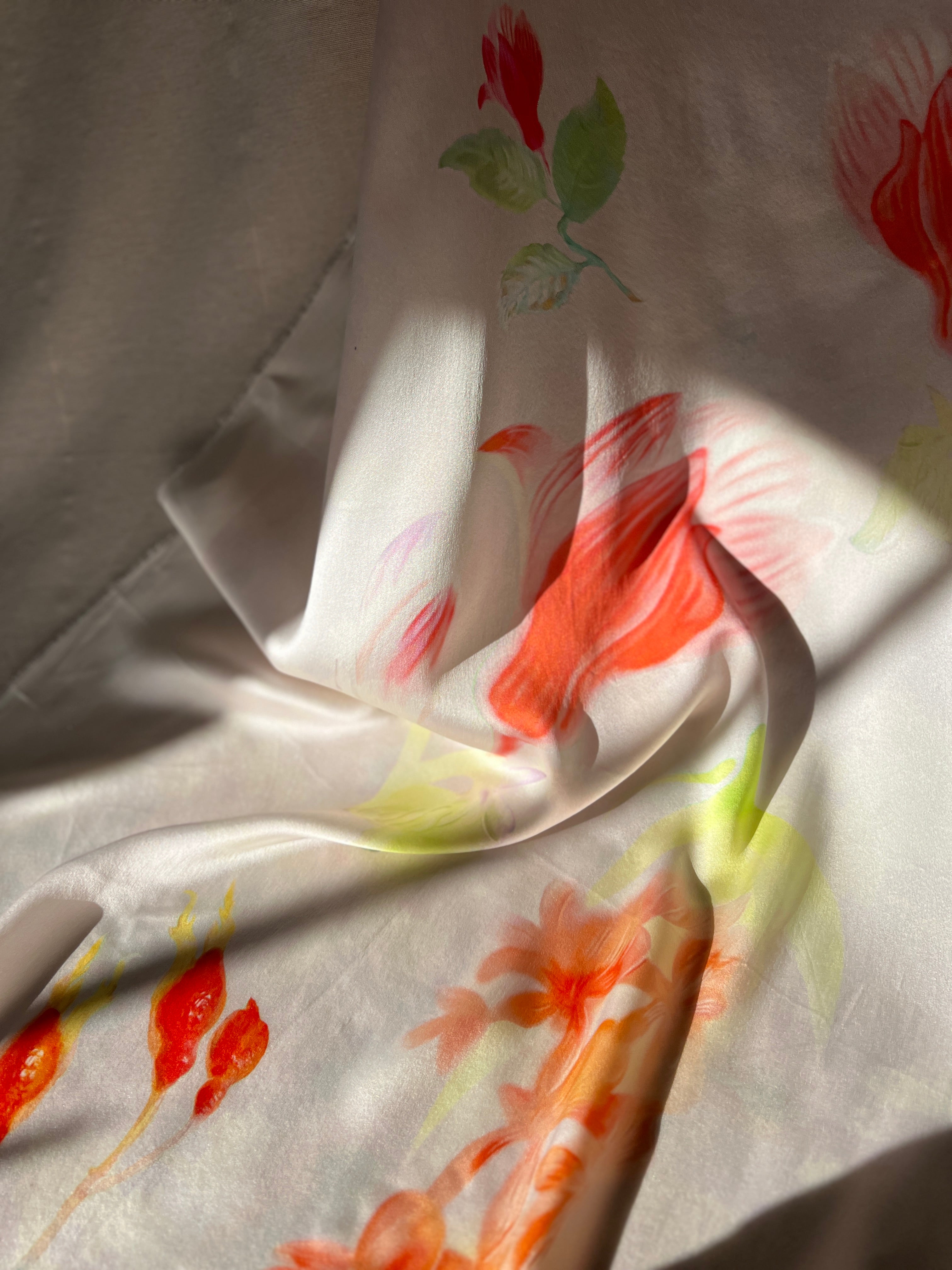 100% Silk Designer Panel - White & Pink Tulips Print - Floral Patterned Fabric Piece