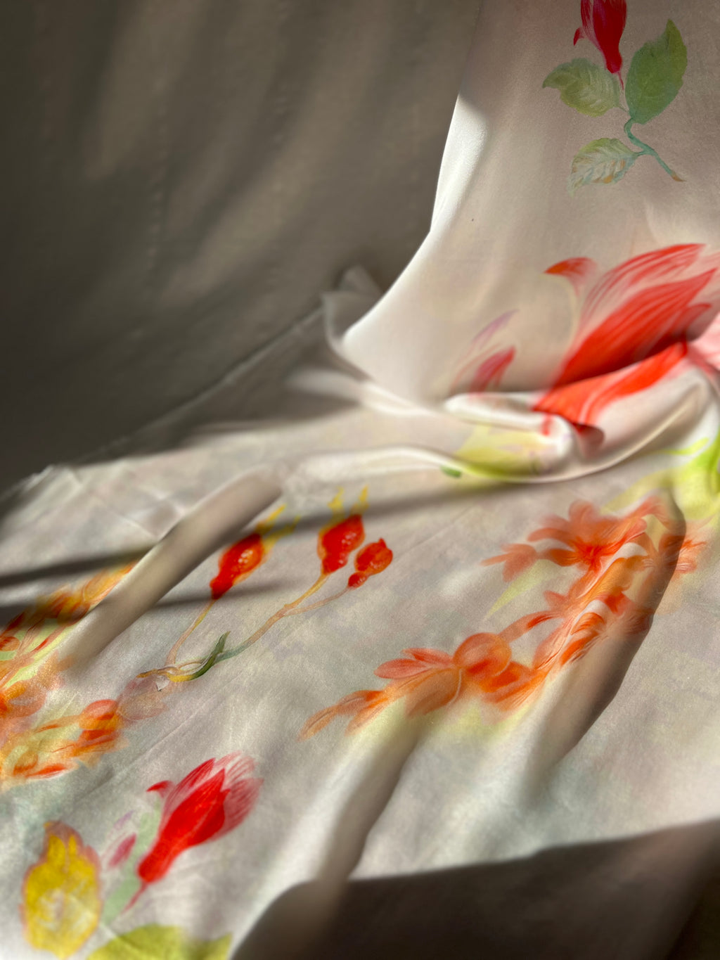 100% Silk Designer Panel - White & Pink Tulips Print - Floral Patterned Fabric Piece