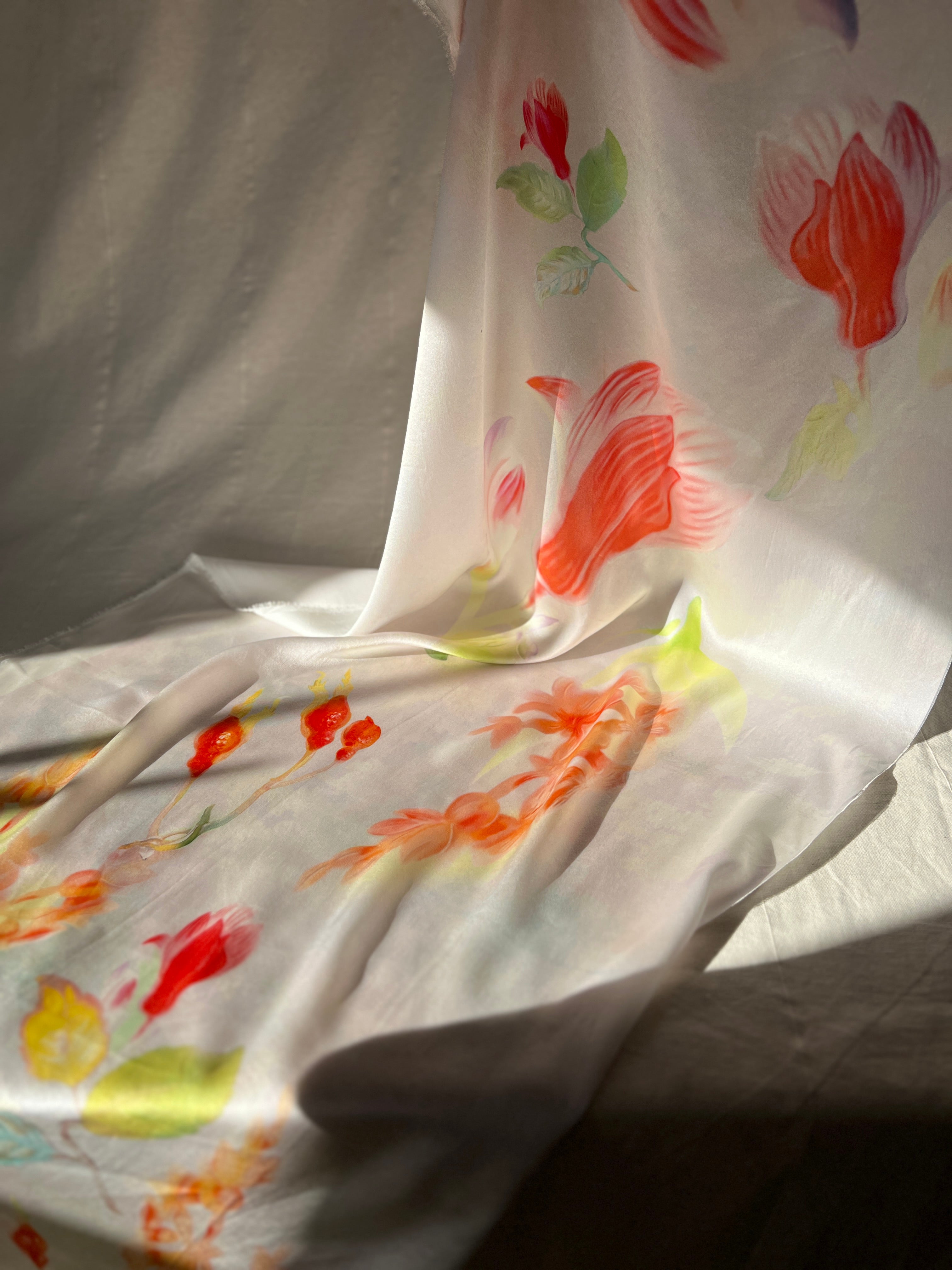 100% Silk Designer Panel - White & Pink Tulips Print - Floral Patterned Fabric Piece