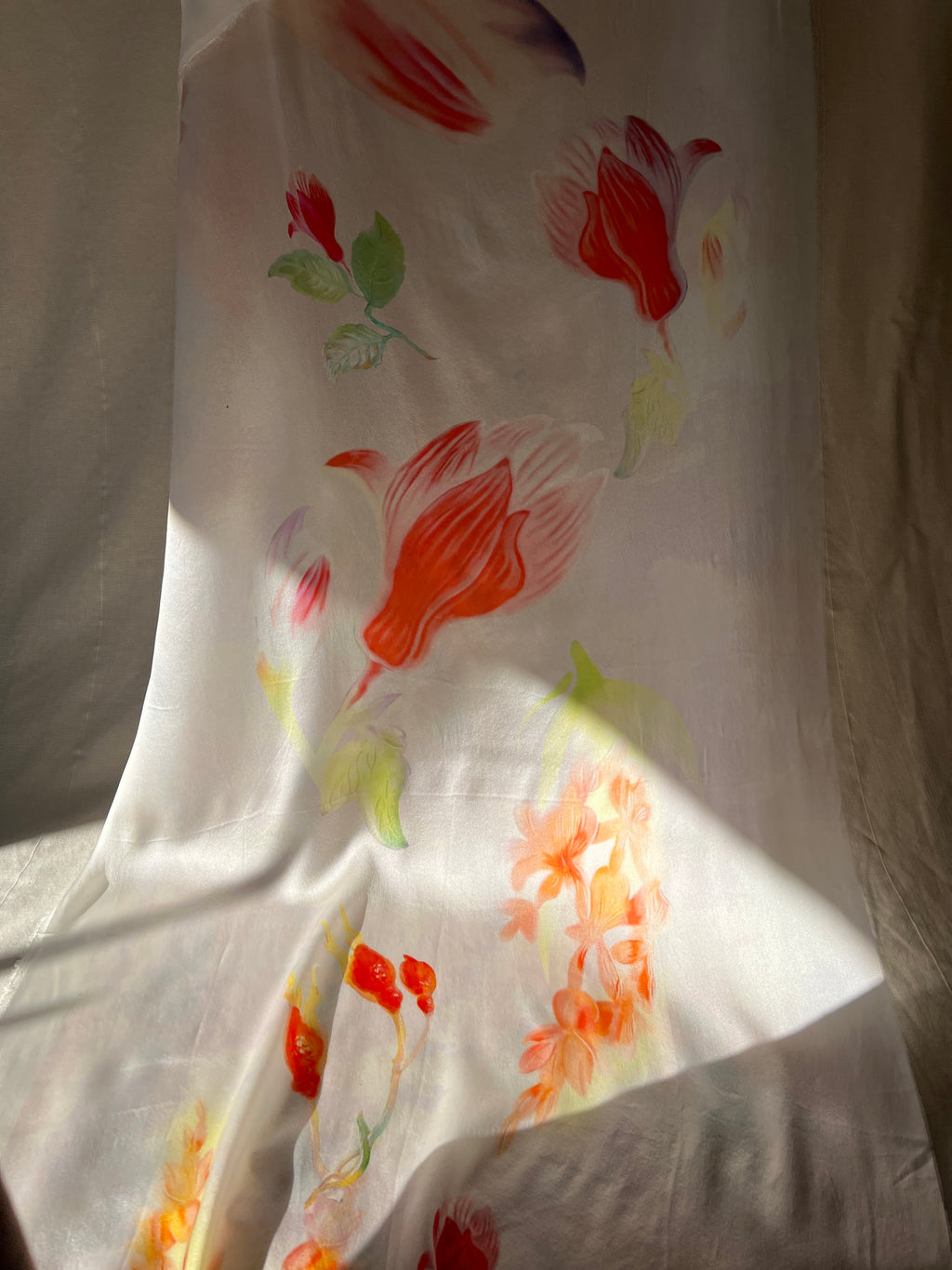 100% Silk Designer Panel - White & Pink Tulips Print - Floral Patterned Fabric Piece