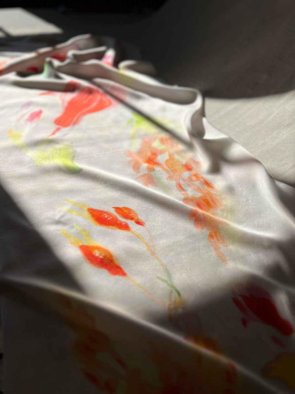 100% Silk Designer Panel - White & Pink Tulips Print - Floral Patterned Fabric Piece