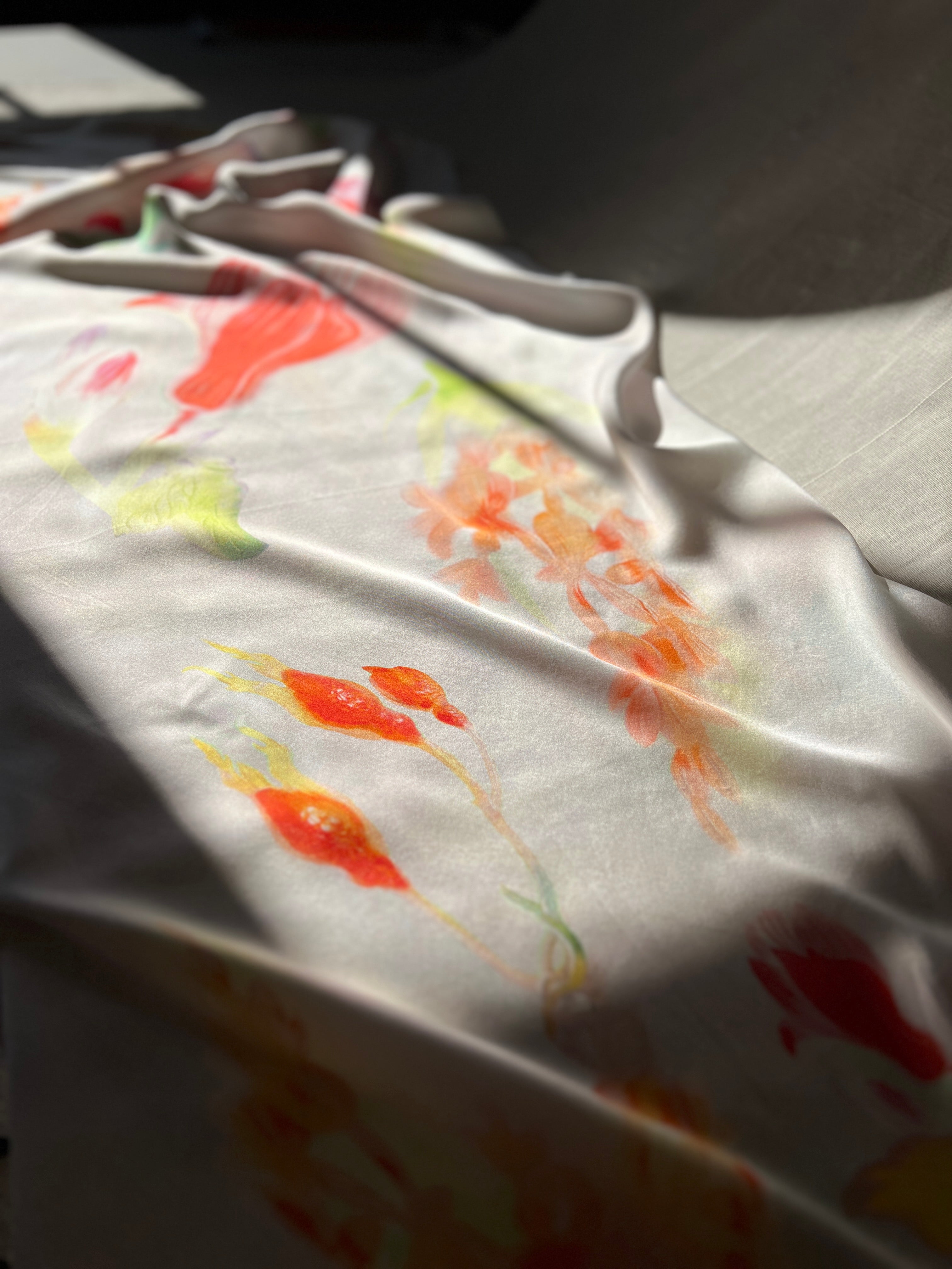 100% Silk Designer Panel - White & Pink Tulips Print - Floral Patterned Fabric Piece