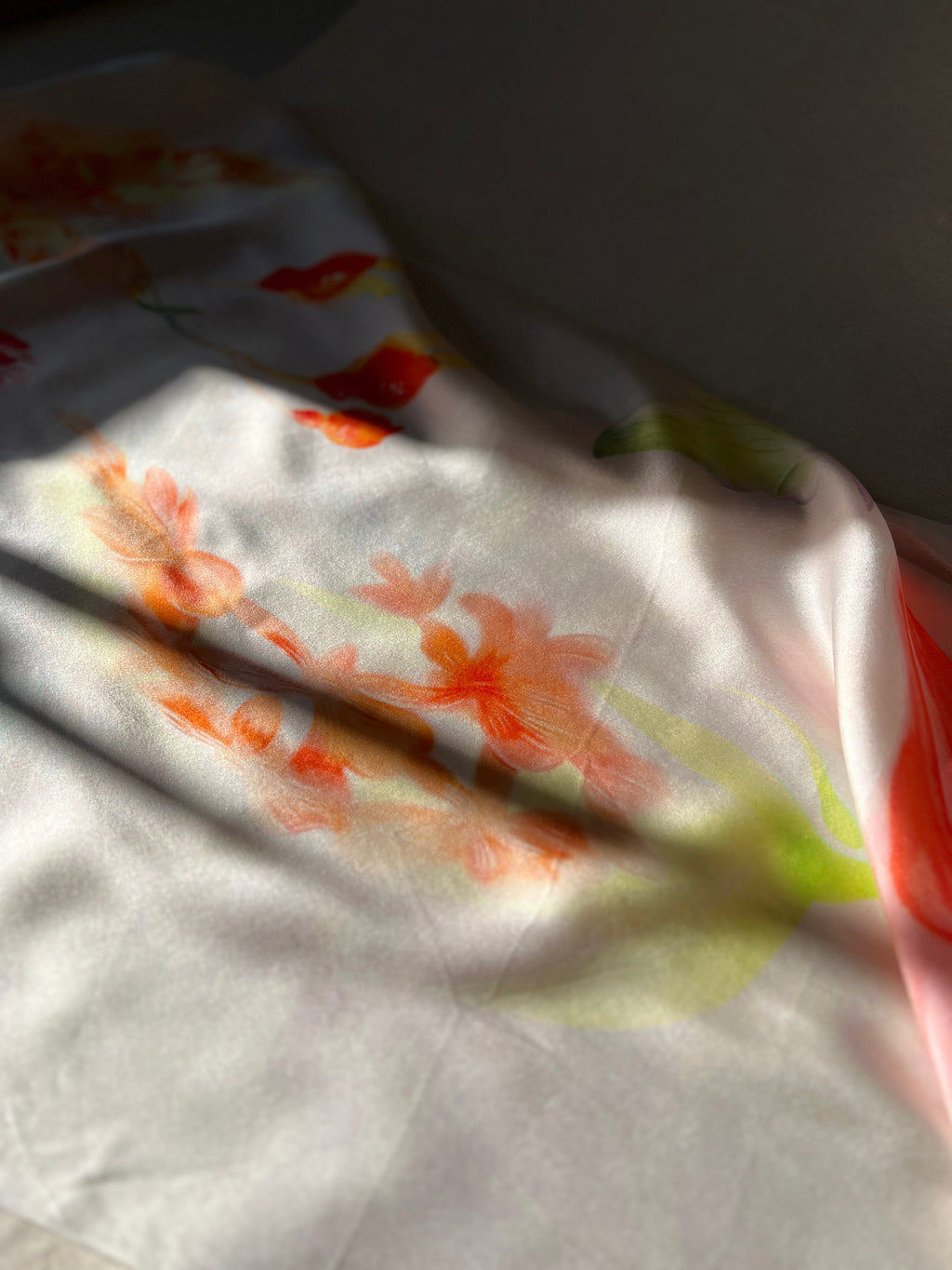 100% Silk Designer Panel - White & Pink Tulips Print - Floral Patterned Fabric Piece
