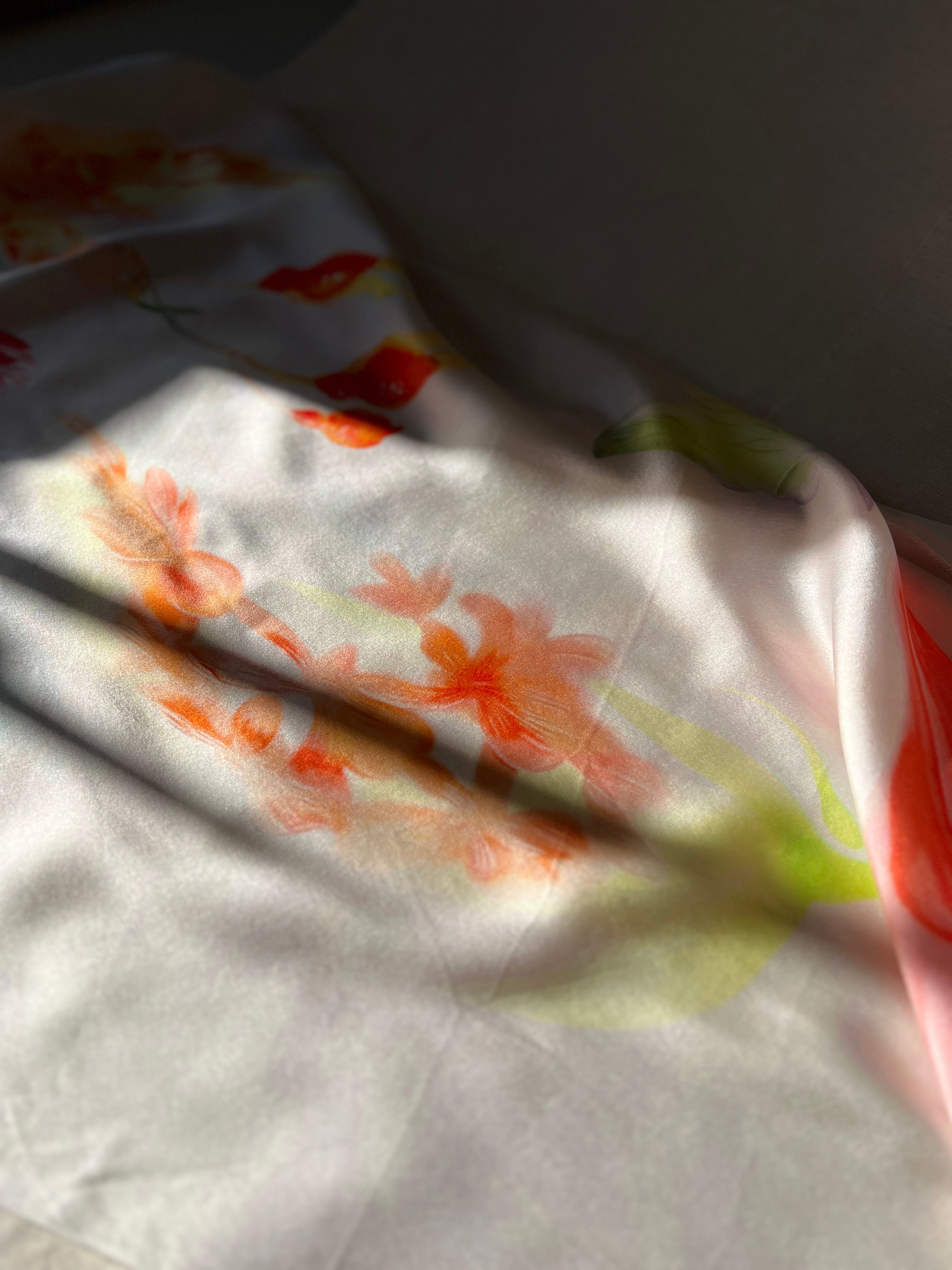 100% Silk Designer Panel - White & Pink Tulips Print - Floral Patterned Fabric Piece