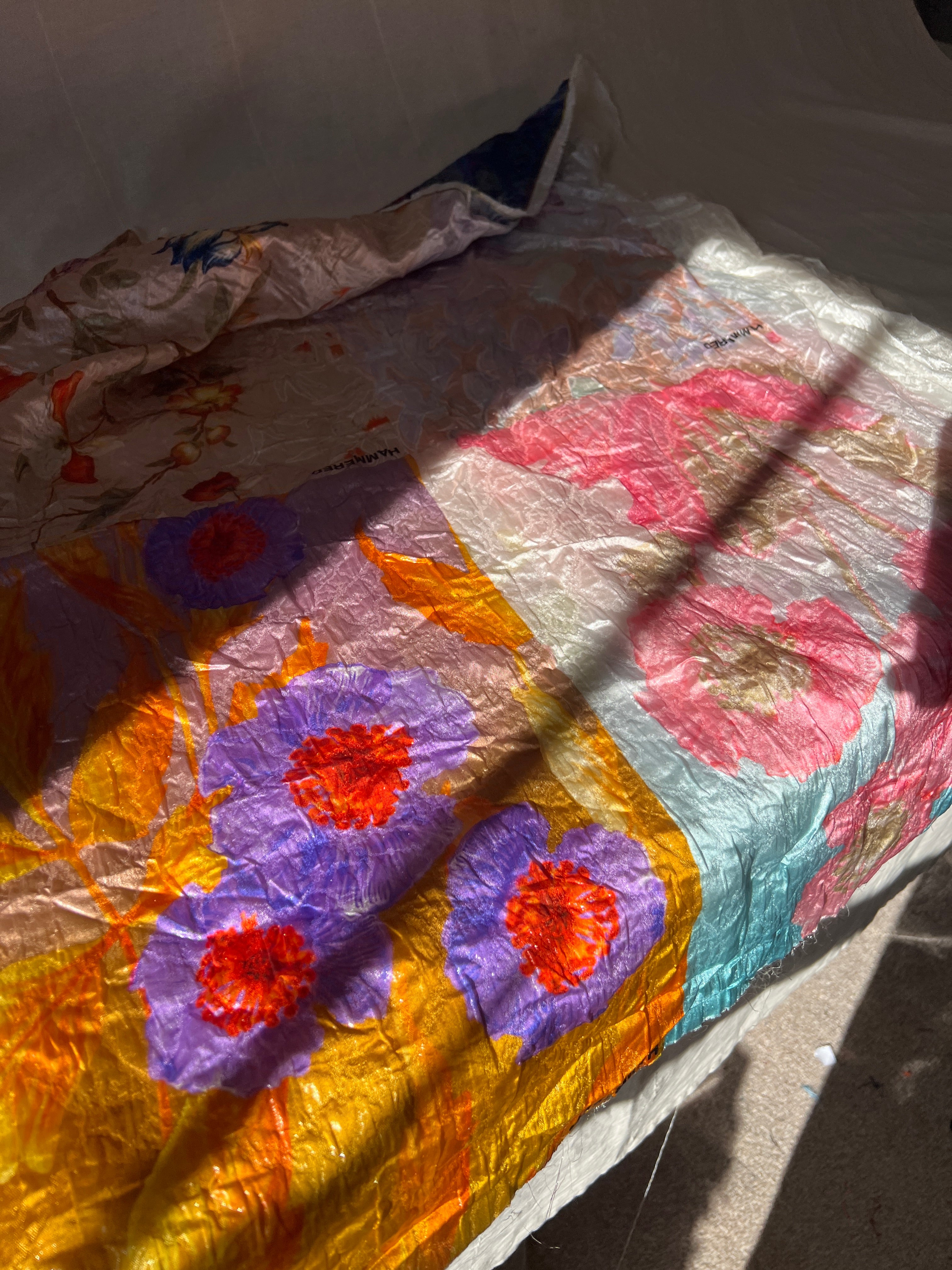 Poly Organza Designer Fabric — Hammered Texture — Floral Colour Block Print — One Off Cut