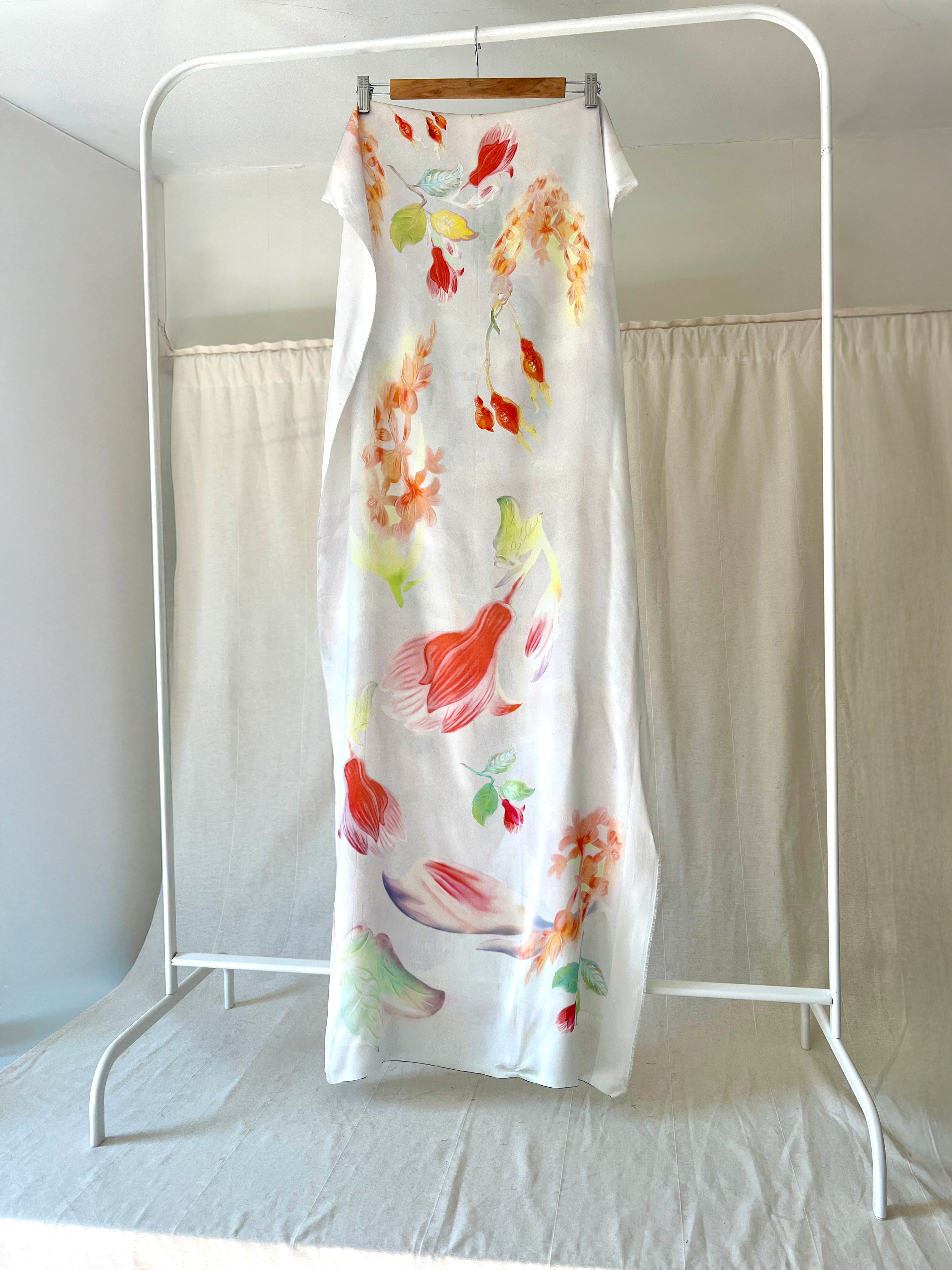 100% Silk Designer Panel - White & Pink Tulips Print - Floral Patterned Fabric Piece