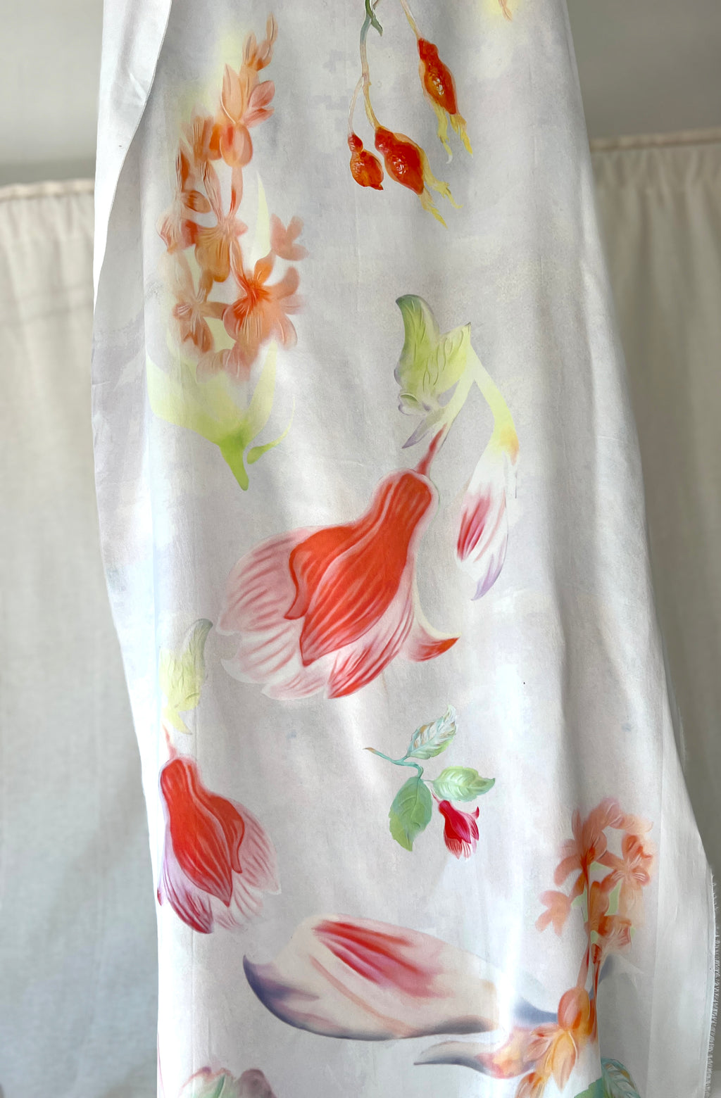 100% Silk Designer Panel - White & Pink Tulips Print - Floral Patterned Fabric Piece