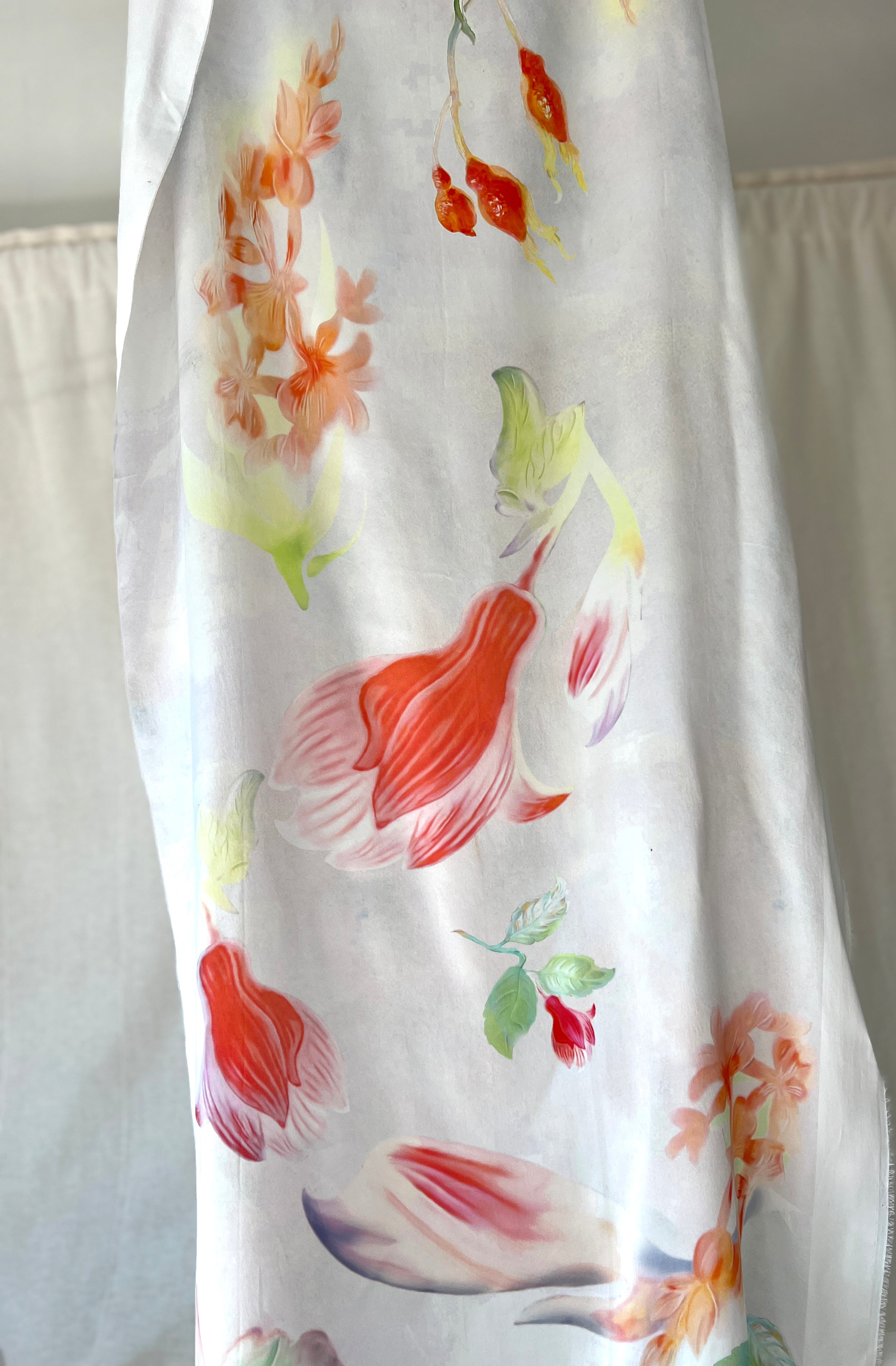 100% Silk Designer Panel - White & Pink Tulips Print - Floral Patterned Fabric Piece