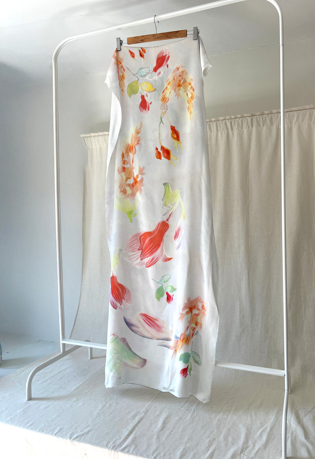 100% Silk Designer Panel - White & Pink Tulips Print - Floral Patterned Fabric Piece