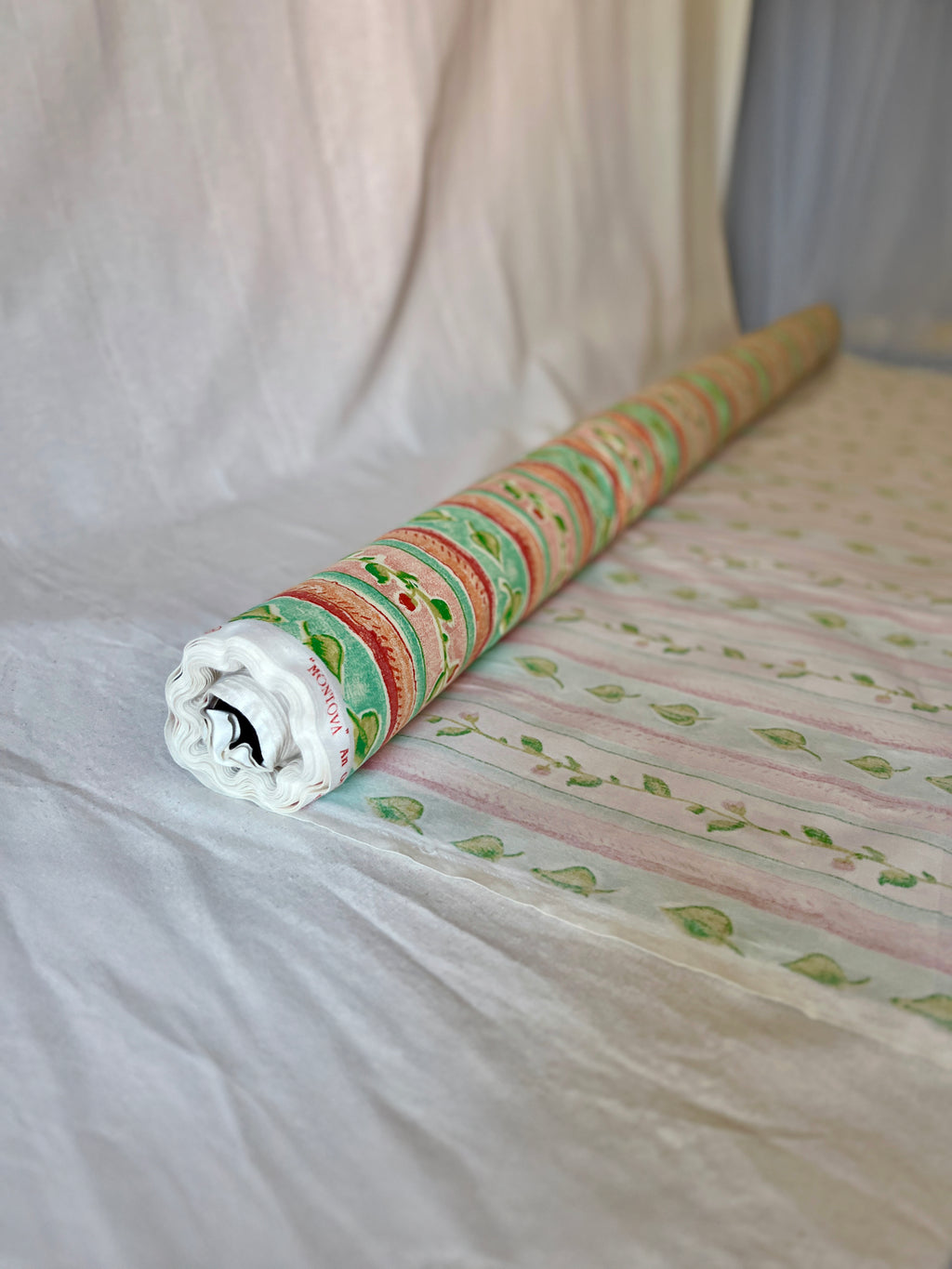 Vintage Fabric "Montova" by Aspull 100% Cotton Fabric  – 150cm End of Roll Remnant – Floral Stripe Orange/Green Print