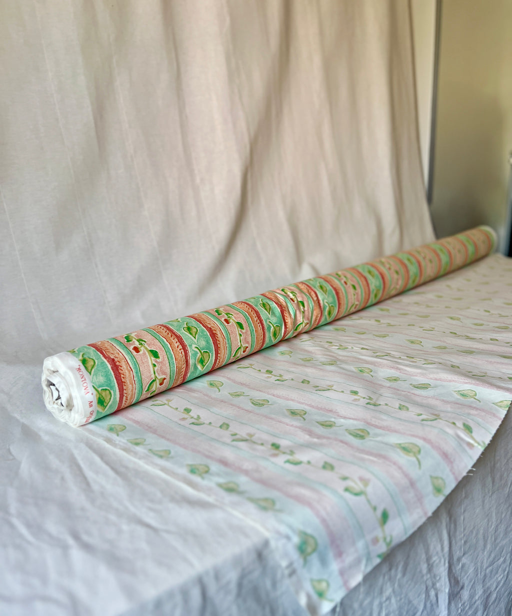 Vintage Fabric "Montova" by Aspull 100% Cotton Fabric  – 150cm End of Roll Remnant – Floral Stripe Orange/Green Print