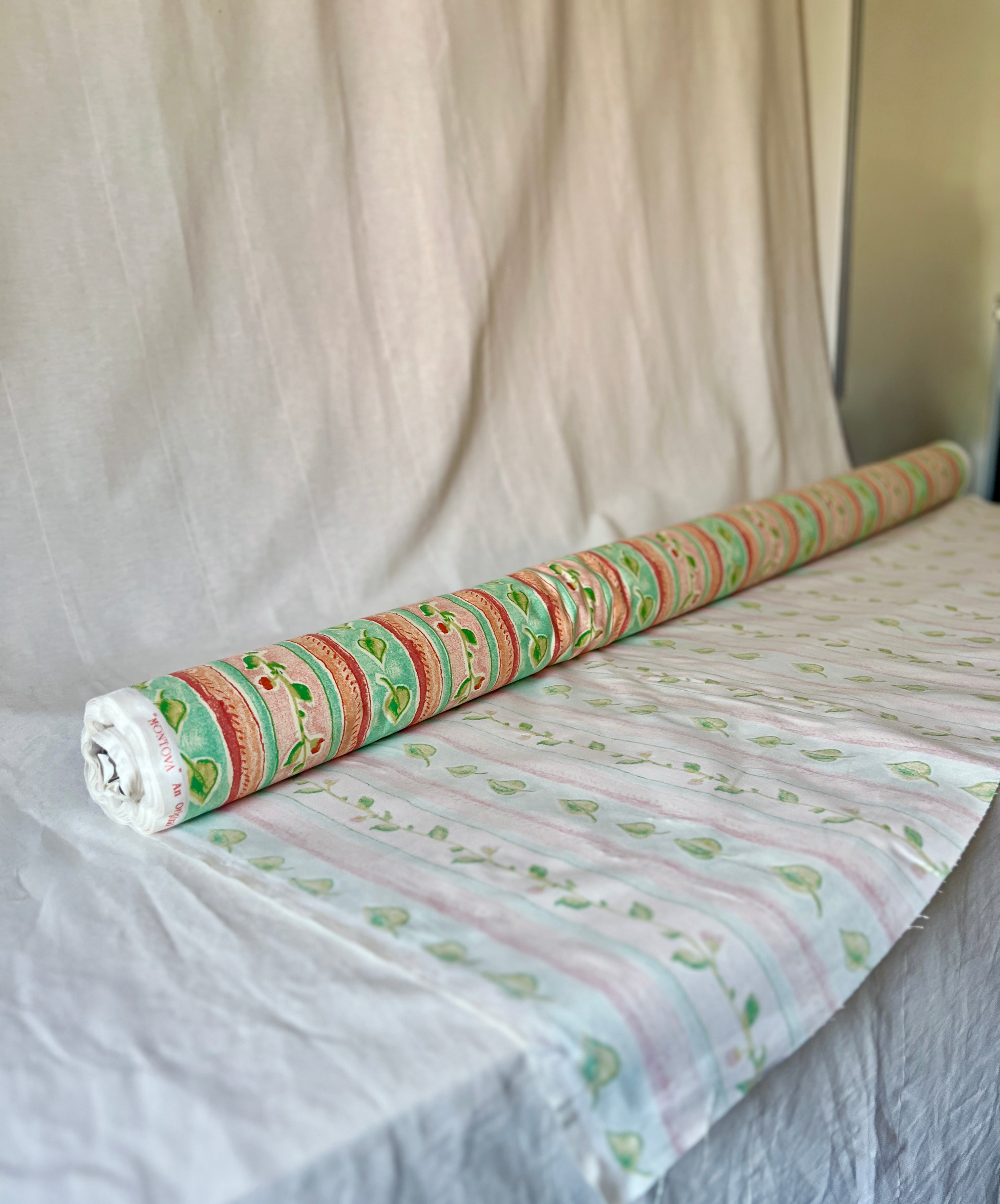 Vintage Fabric "Montova" by Aspull 100% Cotton Fabric  – 150cm End of Roll Remnant – Floral Stripe Orange/Green Print