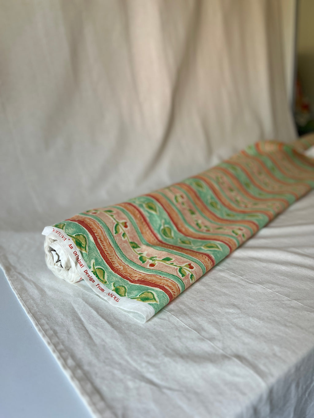 Vintage Fabric "Montova" by Aspull 100% Cotton Fabric  – 150cm End of Roll Remnant – Floral Stripe Orange/Green Print