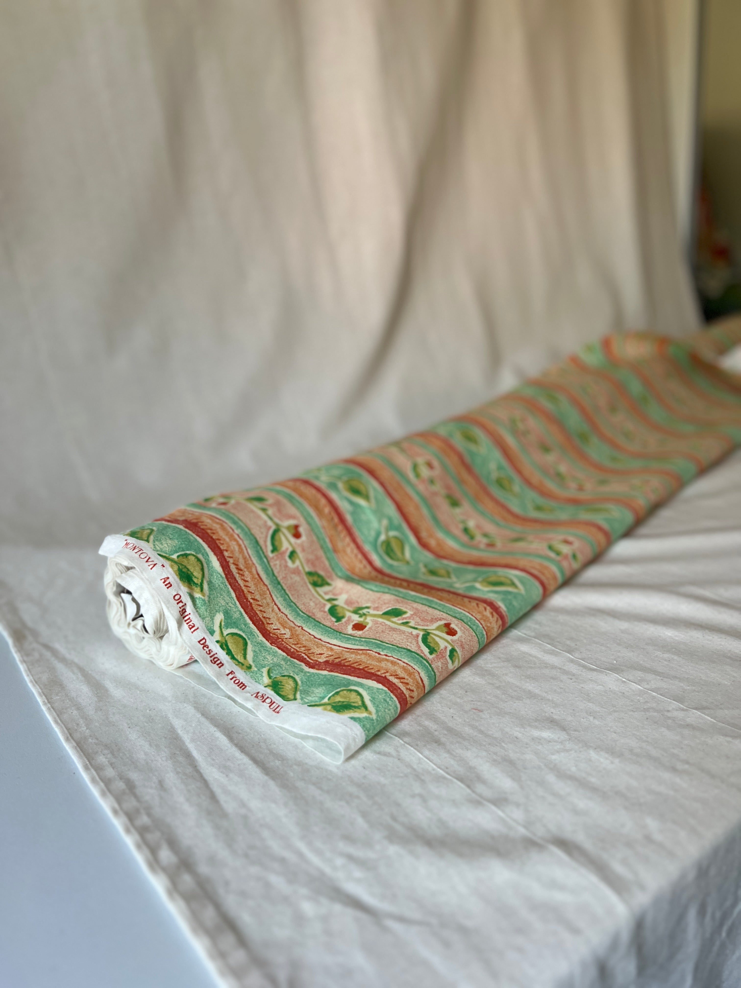 Vintage Fabric "Montova" by Aspull 100% Cotton Fabric  – 150cm End of Roll Remnant – Floral Stripe Orange/Green Print