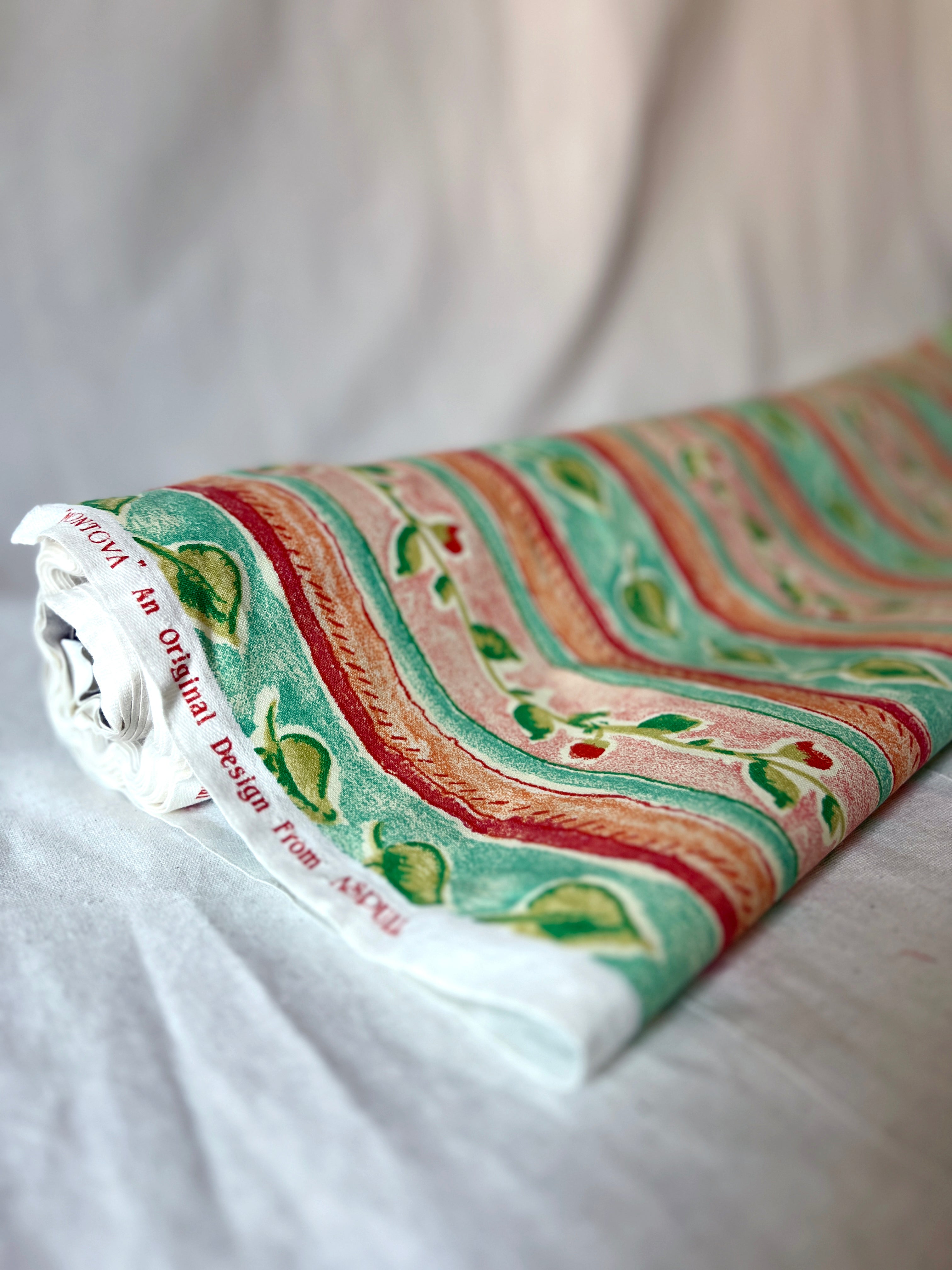 Vintage Fabric "Montova" by Aspull 100% Cotton Fabric  – 150cm End of Roll Remnant – Floral Stripe Orange/Green Print