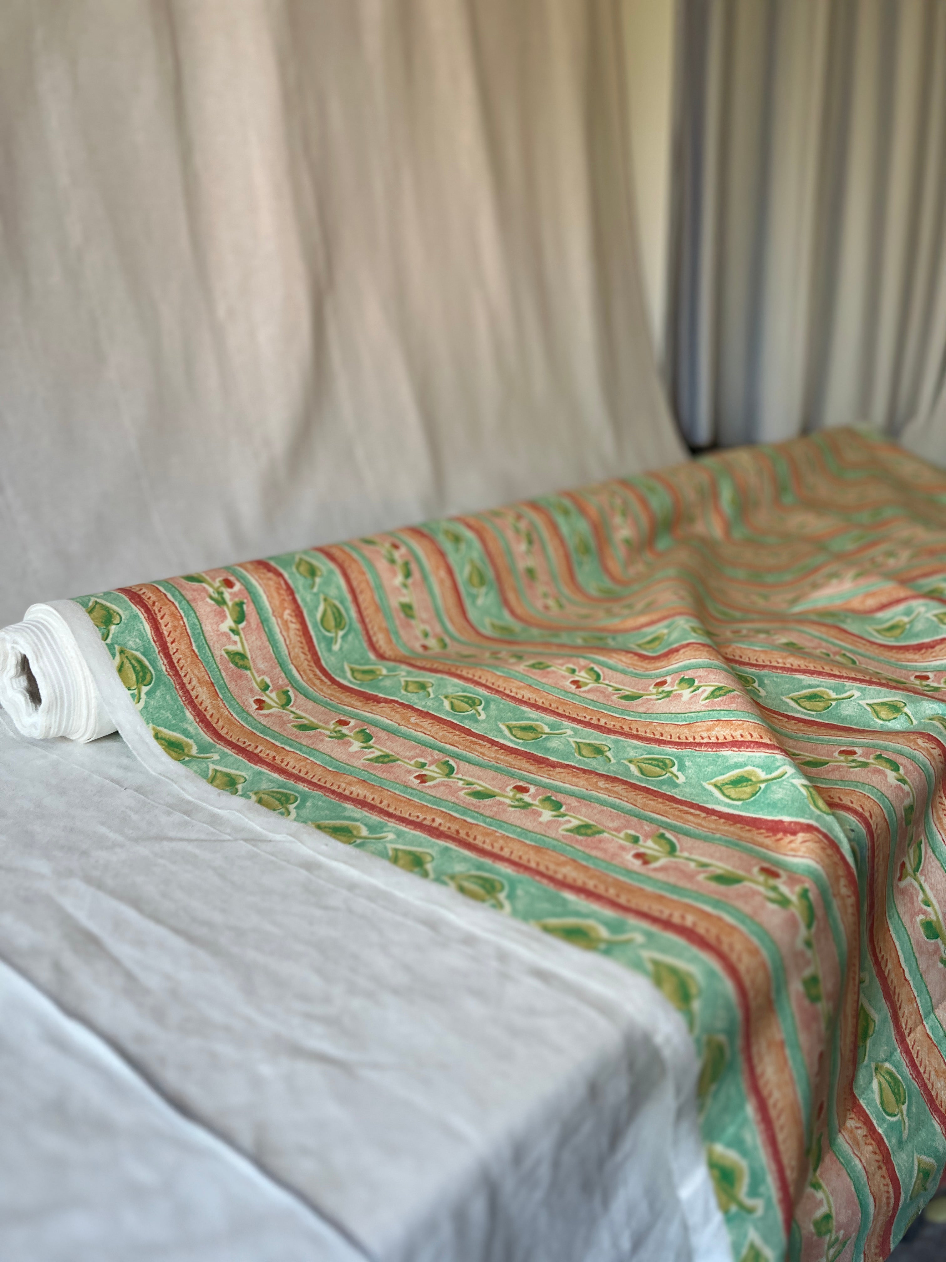 Vintage Fabric "Montova" by Aspull 100% Cotton Fabric  – 150cm End of Roll Remnant – Floral Stripe Orange/Green Print