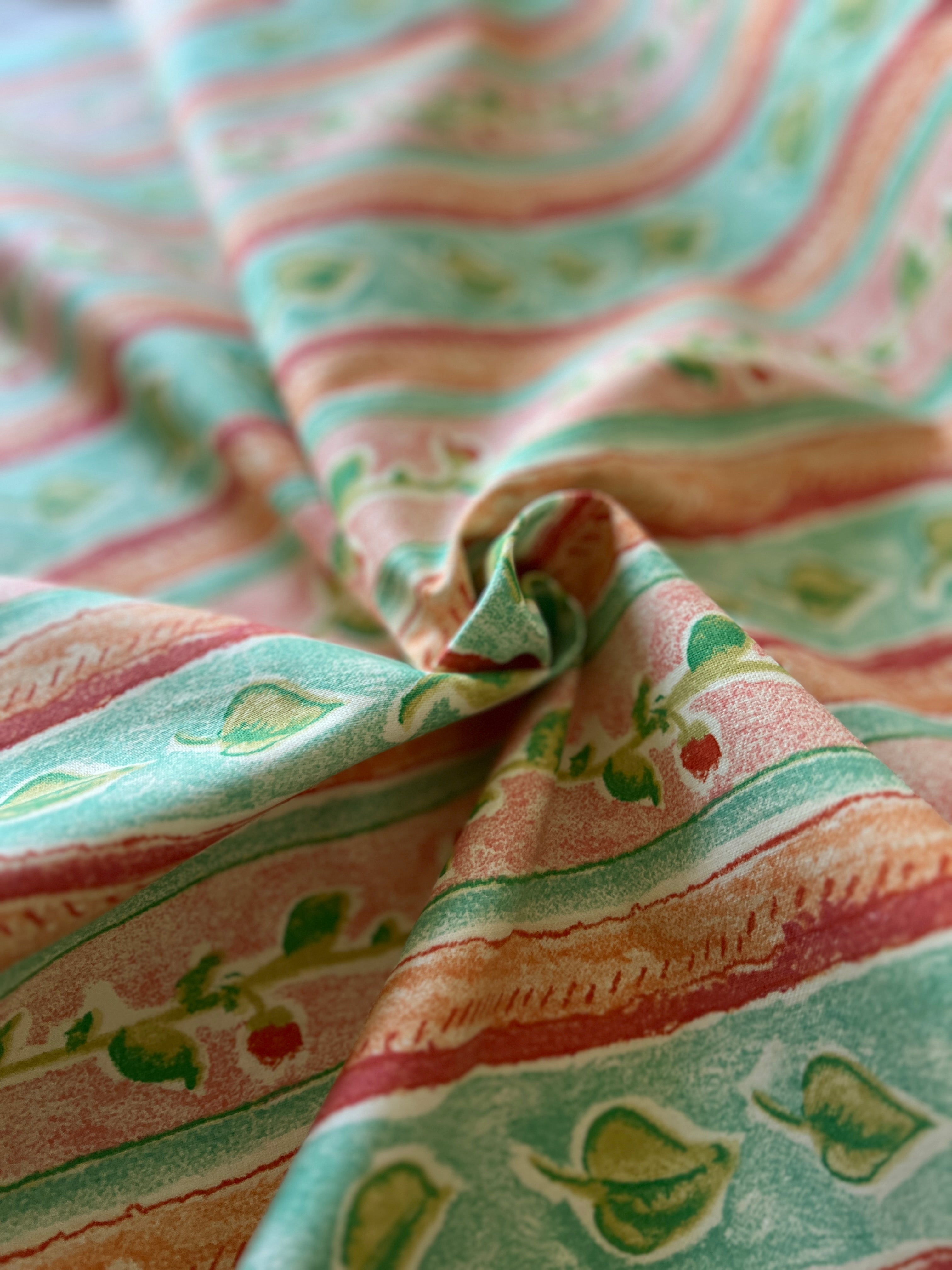 Vintage Fabric "Montova" by Aspull 100% Cotton Fabric  – 150cm End of Roll Remnant – Floral Stripe Orange/Green Print
