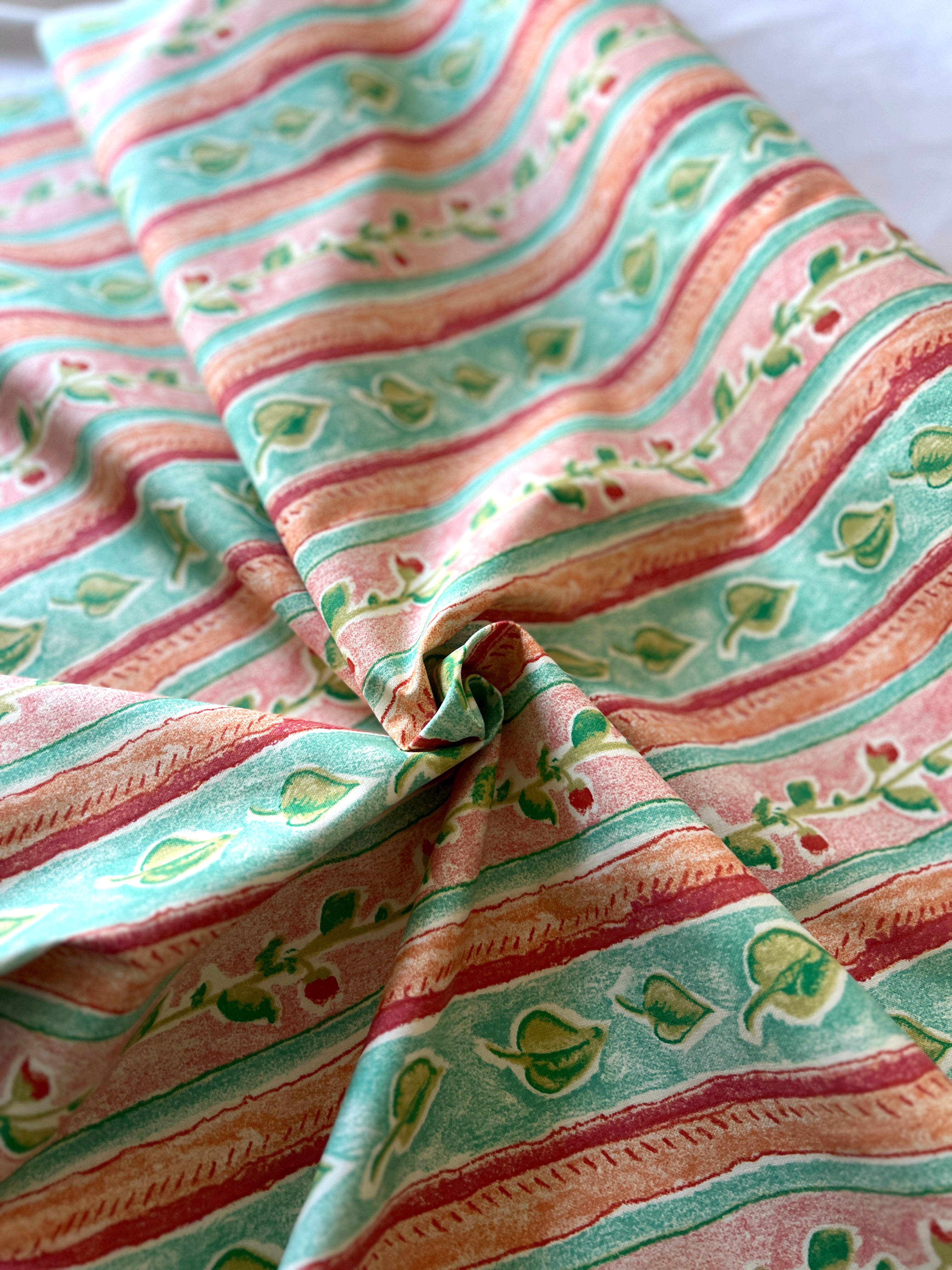 Vintage Fabric "Montova" by Aspull 100% Cotton Fabric  – 150cm End of Roll Remnant – Floral Stripe Orange/Green Print
