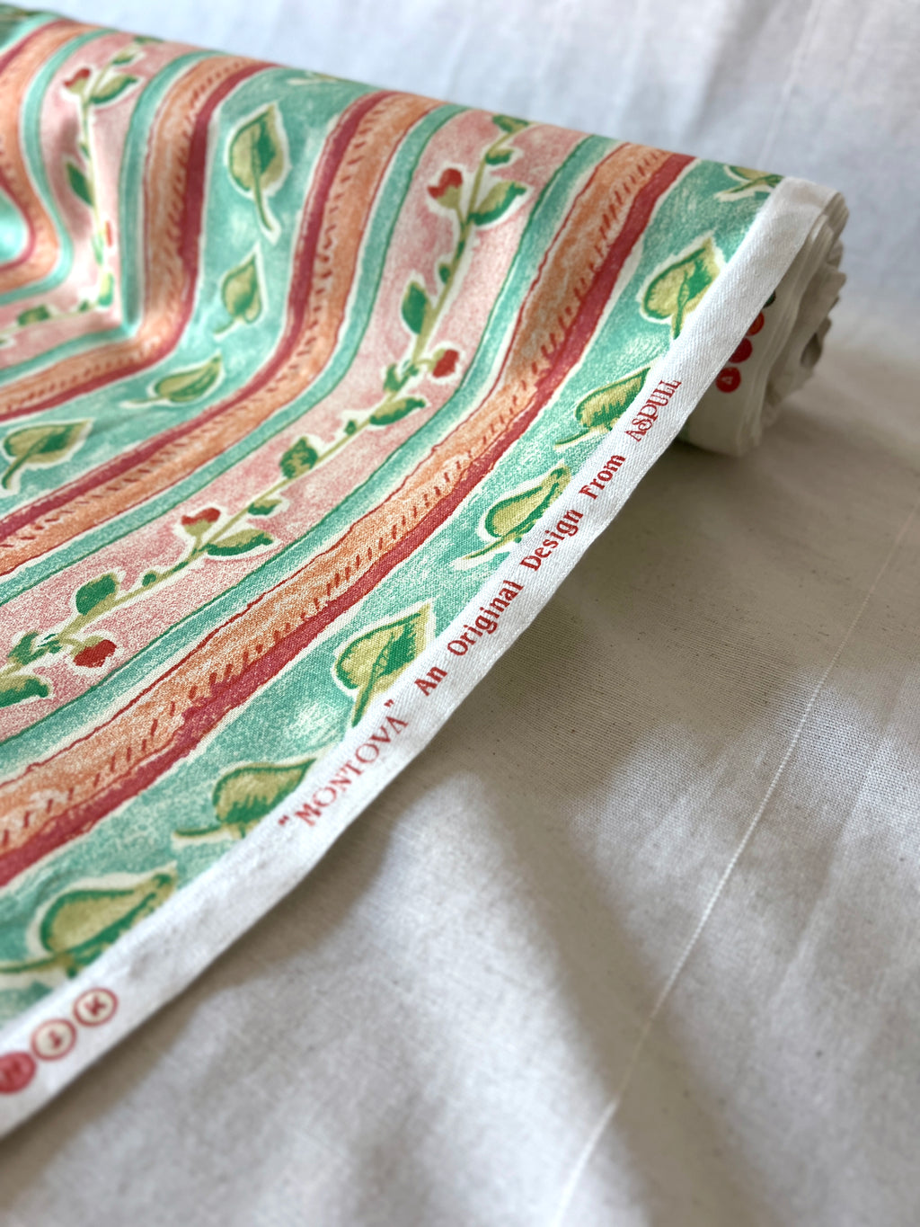 Vintage Fabric "Montova" by Aspull 100% Cotton Fabric  – 150cm End of Roll Remnant – Floral Stripe Orange/Green Print