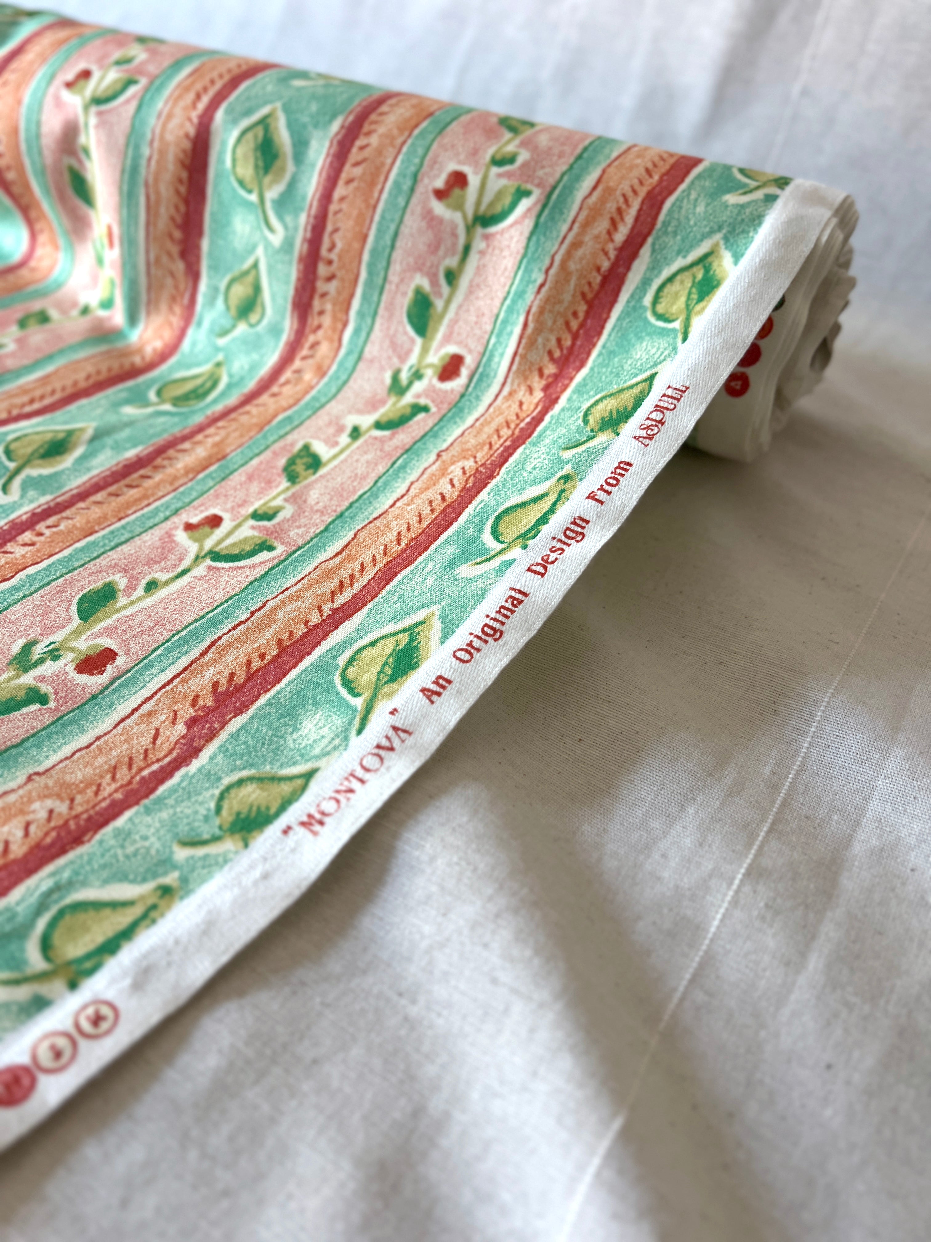 Vintage Fabric "Montova" by Aspull 100% Cotton Fabric  – 150cm End of Roll Remnant – Floral Stripe Orange/Green Print