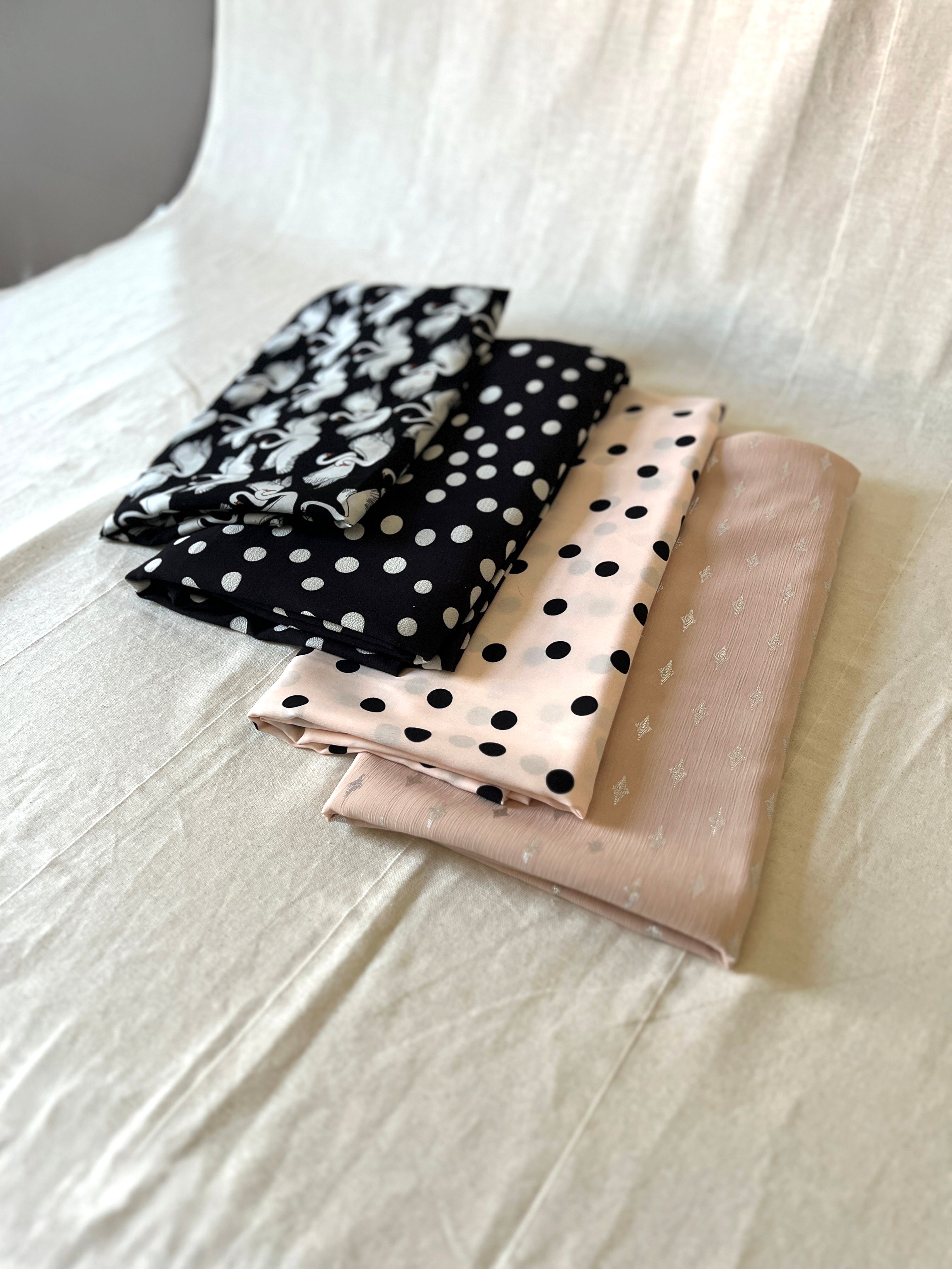 Large Dressmaking Bundle - Swans & Polka Dot Patterns - Viscose & Polyester - 8 Metres