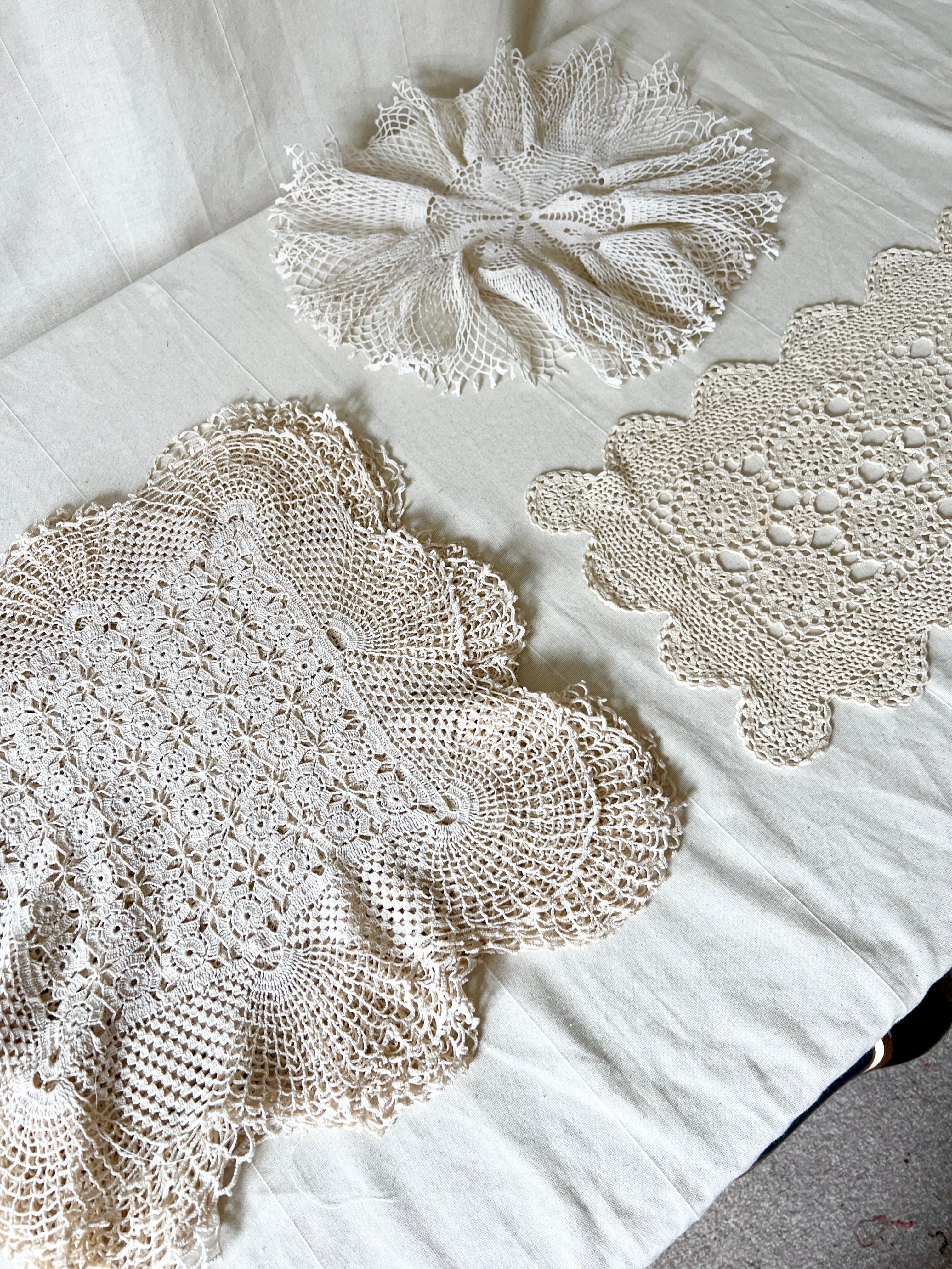 Vintage Handmade Crochet Bundle — Cotton Lace Doilies & Trims — 1970s/80s — 15 Pieces