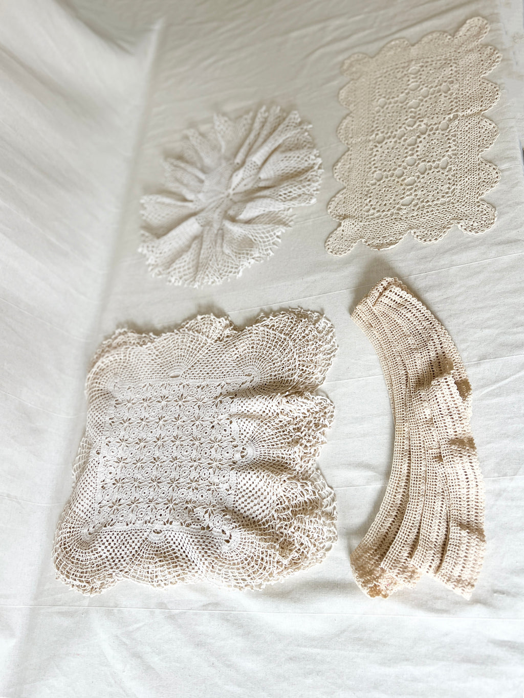 Vintage Handmade Crochet Bundle — Cotton Lace Doilies & Trims — 1970s/80s — 15 Pieces