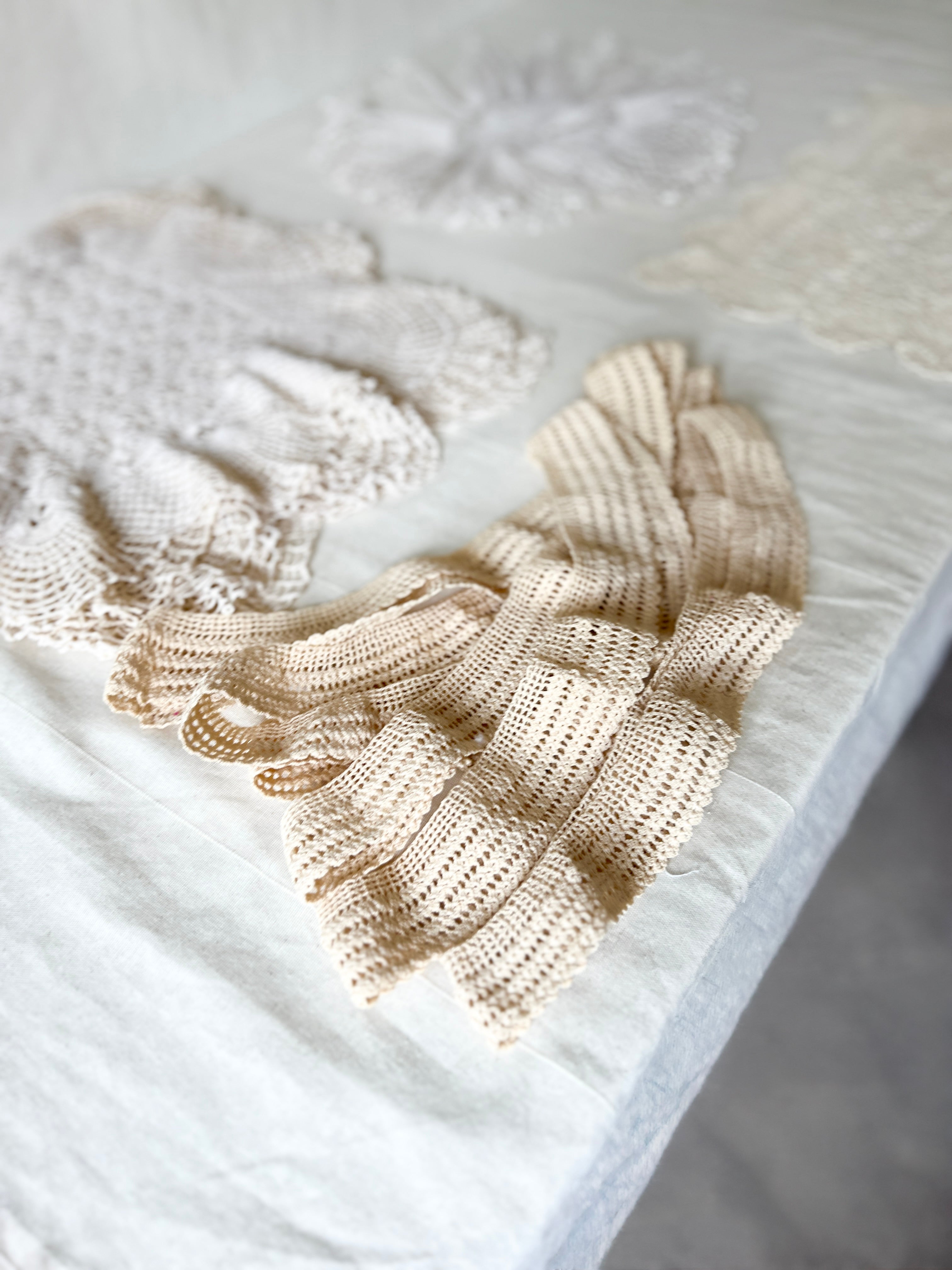 Vintage Handmade Crochet Bundle — Cotton Lace Doilies & Trims — 1970s/80s — 15 Pieces