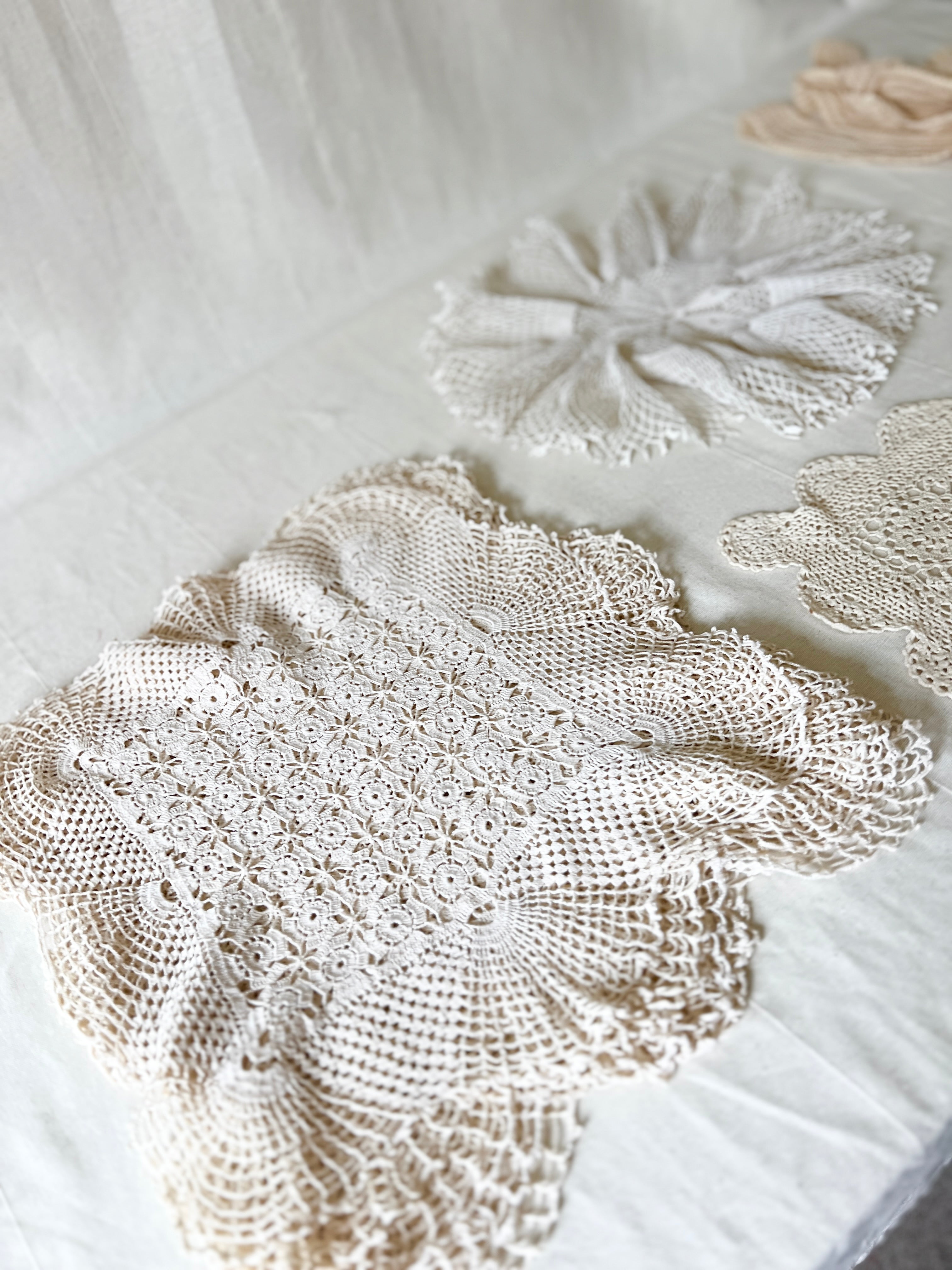 Vintage Handmade Crochet Bundle — Cotton Lace Doilies & Trims — 1970s/80s — 15 Pieces