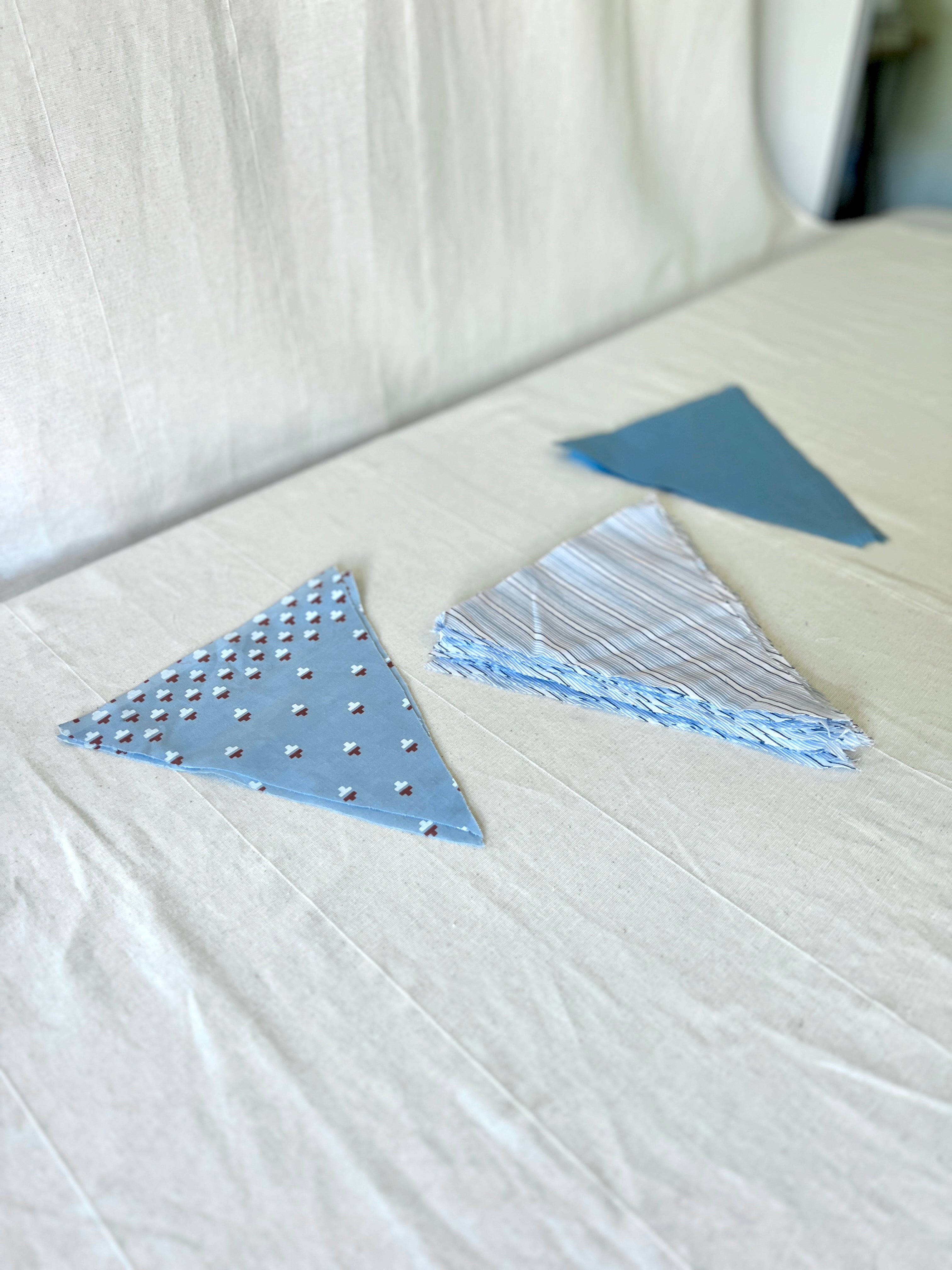 Blue Bunting Bundle — 38 Pre-Cut Cotton Triangles — Stripe, Print & Plain — Make Your Own