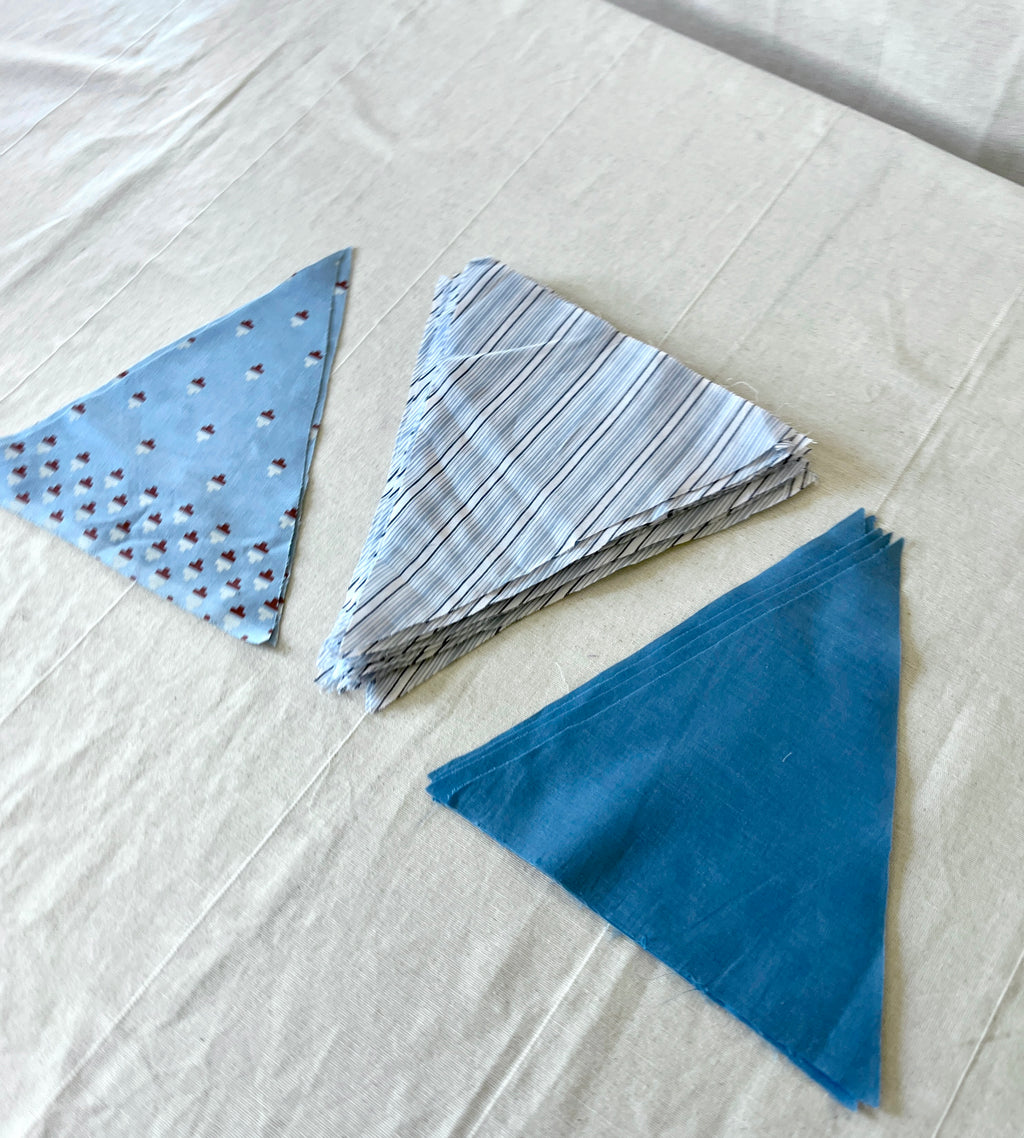 Blue Bunting Bundle — 38 Pre-Cut Cotton Triangles — Stripe, Print & Plain — Make Your Own